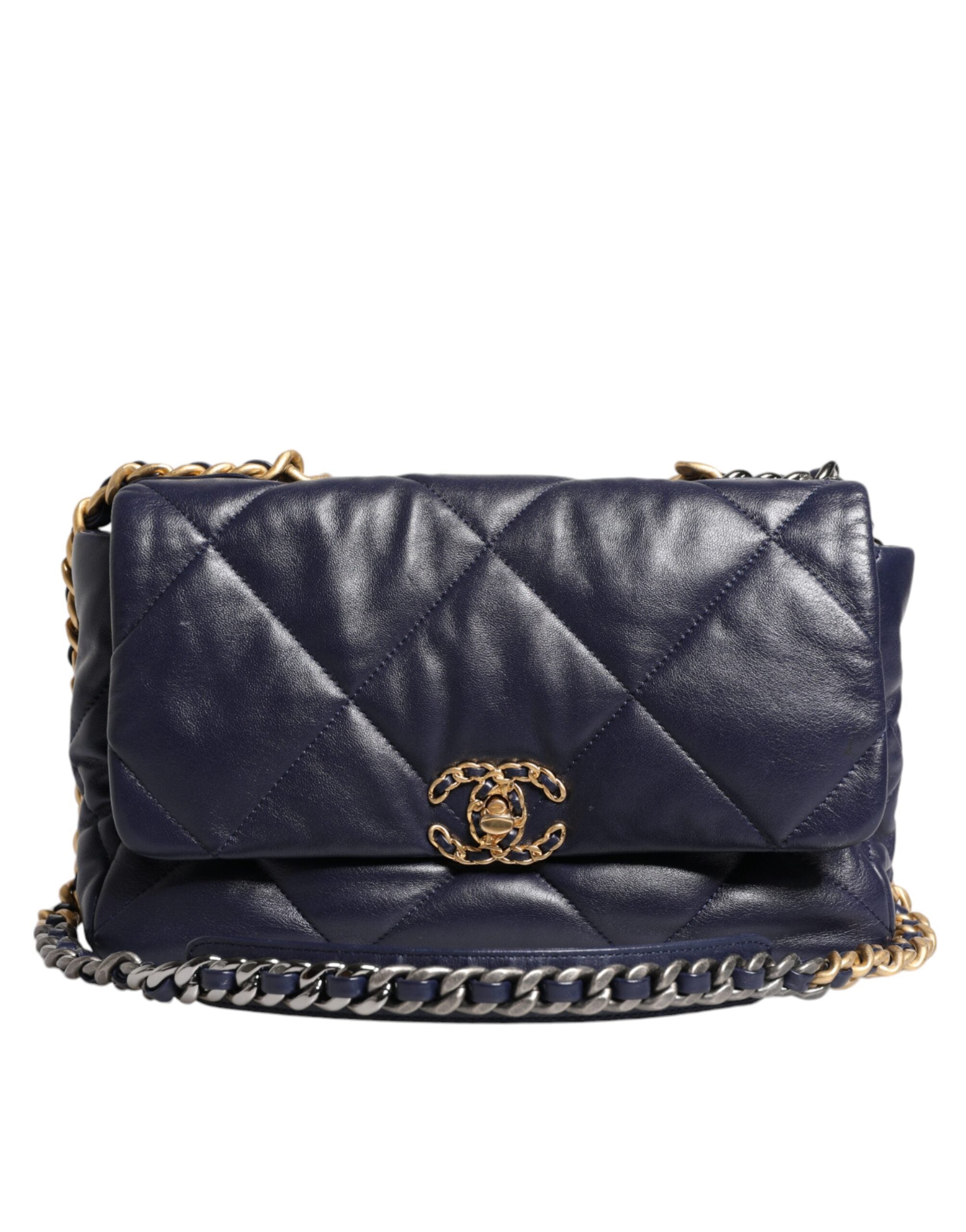 Chanel – Große, gesteppte Umhängetasche aus blauem Leder mit Kette