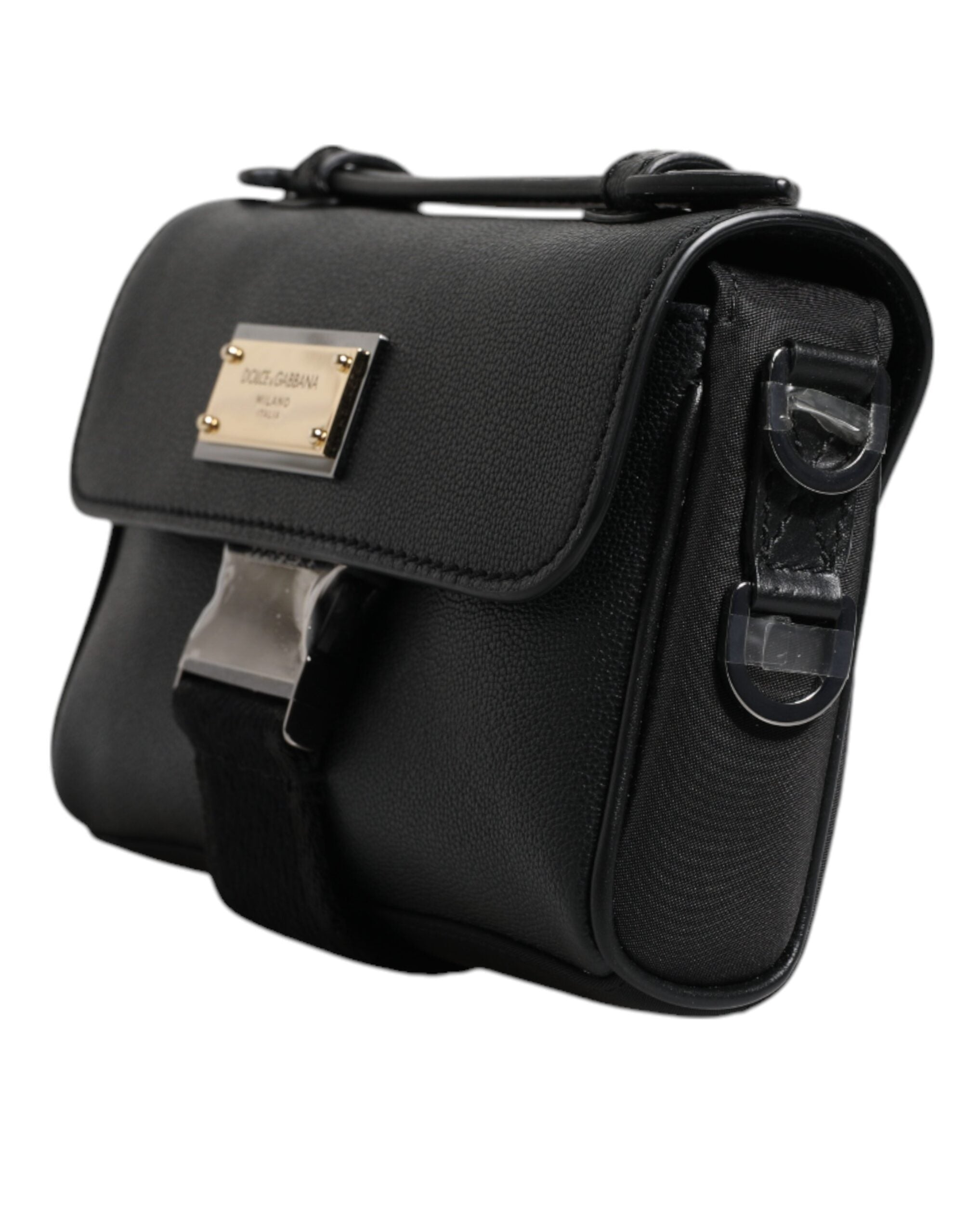 Geantă crossbody din piele cu cataramă și logo negru Dolce &amp; Gabbana