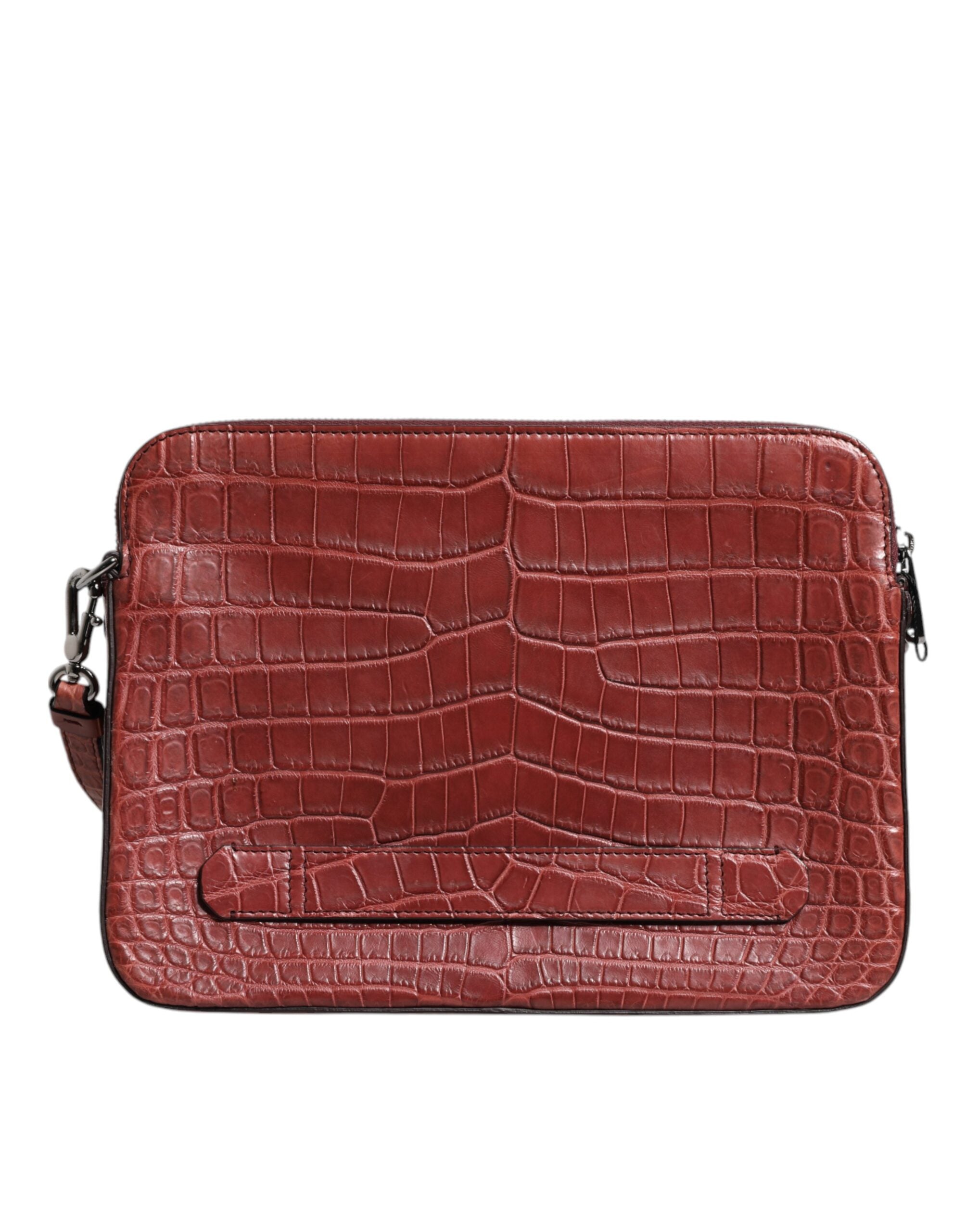 Dolce &amp; Gabbana Servietă din piele Bordeaux Croc cu placă cu logo pentru bărbați