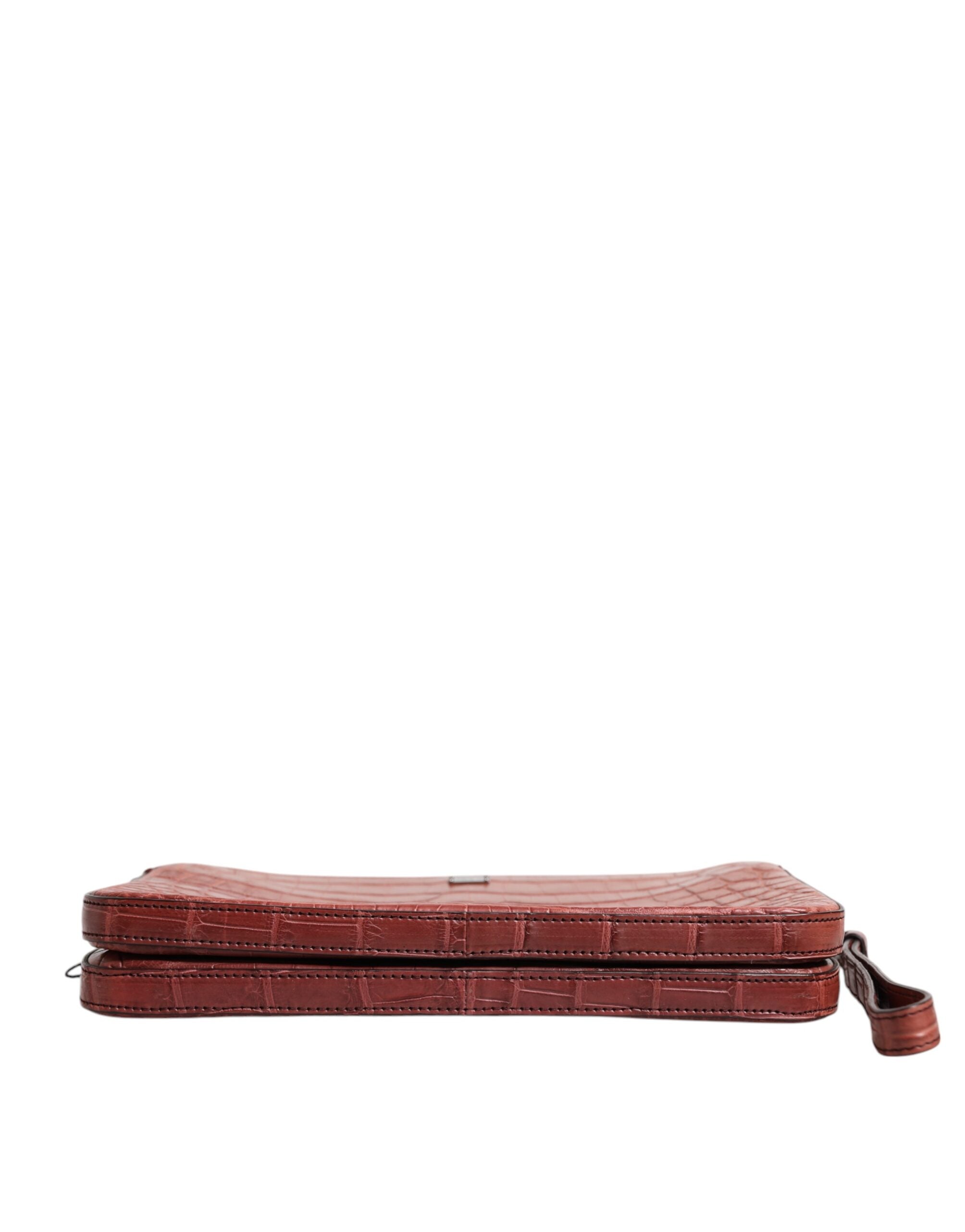 Dolce &amp; Gabbana Servietă din piele Bordeaux Croc cu placă cu logo pentru bărbați