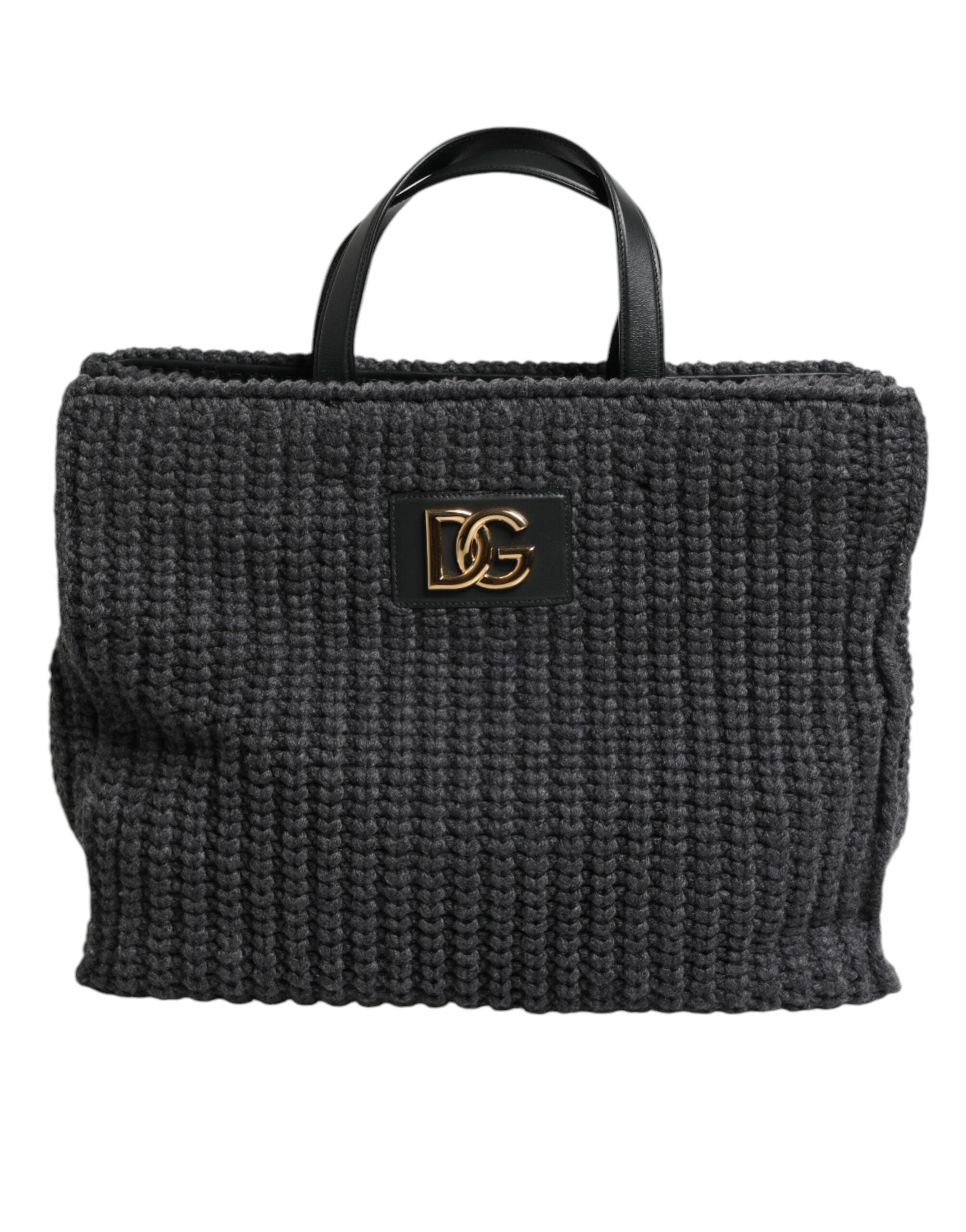 Geantă de umăr mare Dolce &amp; Gabbana, tricotată croșetată, neagră, cu logo DG