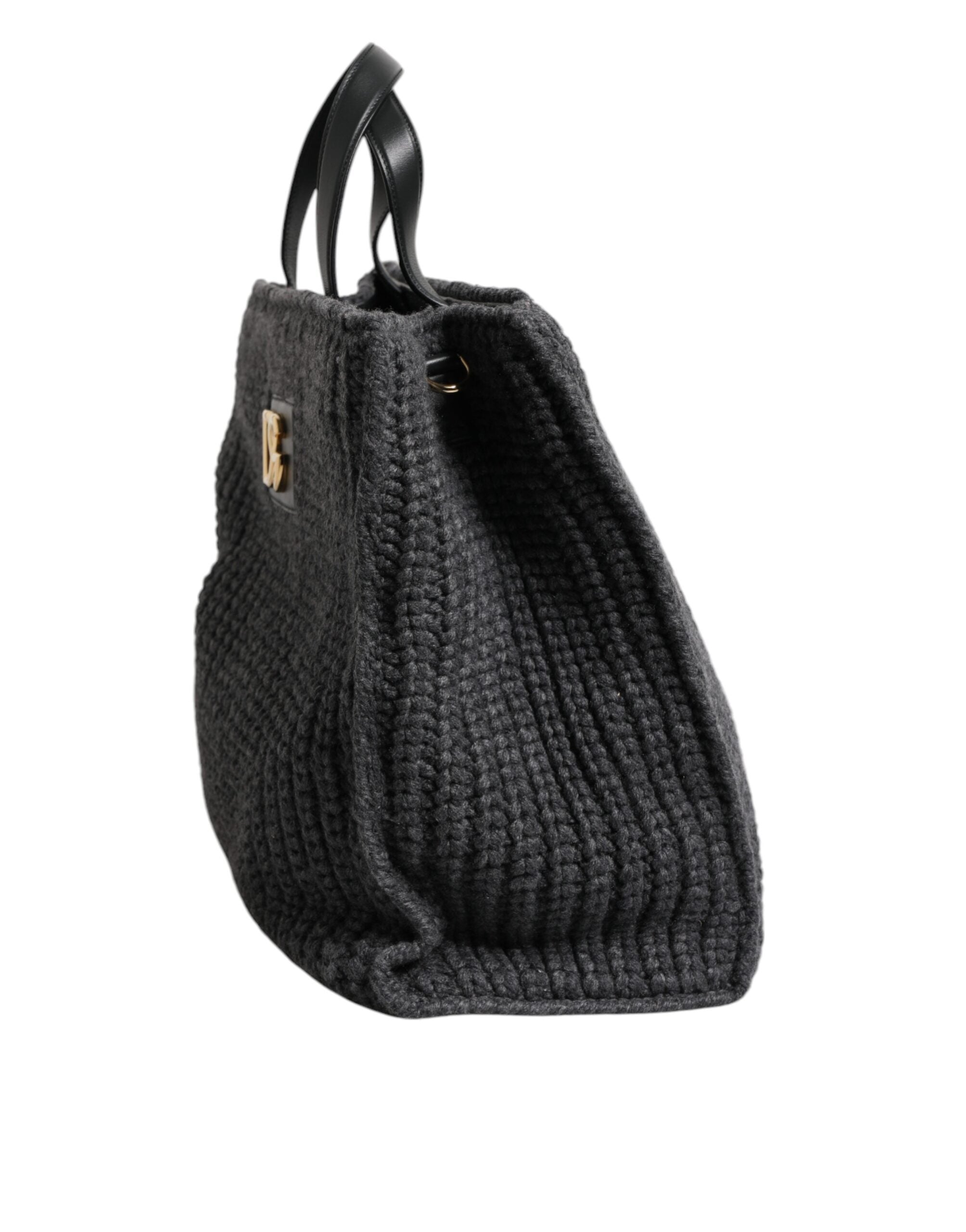 Geantă de umăr mare Dolce &amp; Gabbana, tricotată croșetată, neagră, cu logo DG