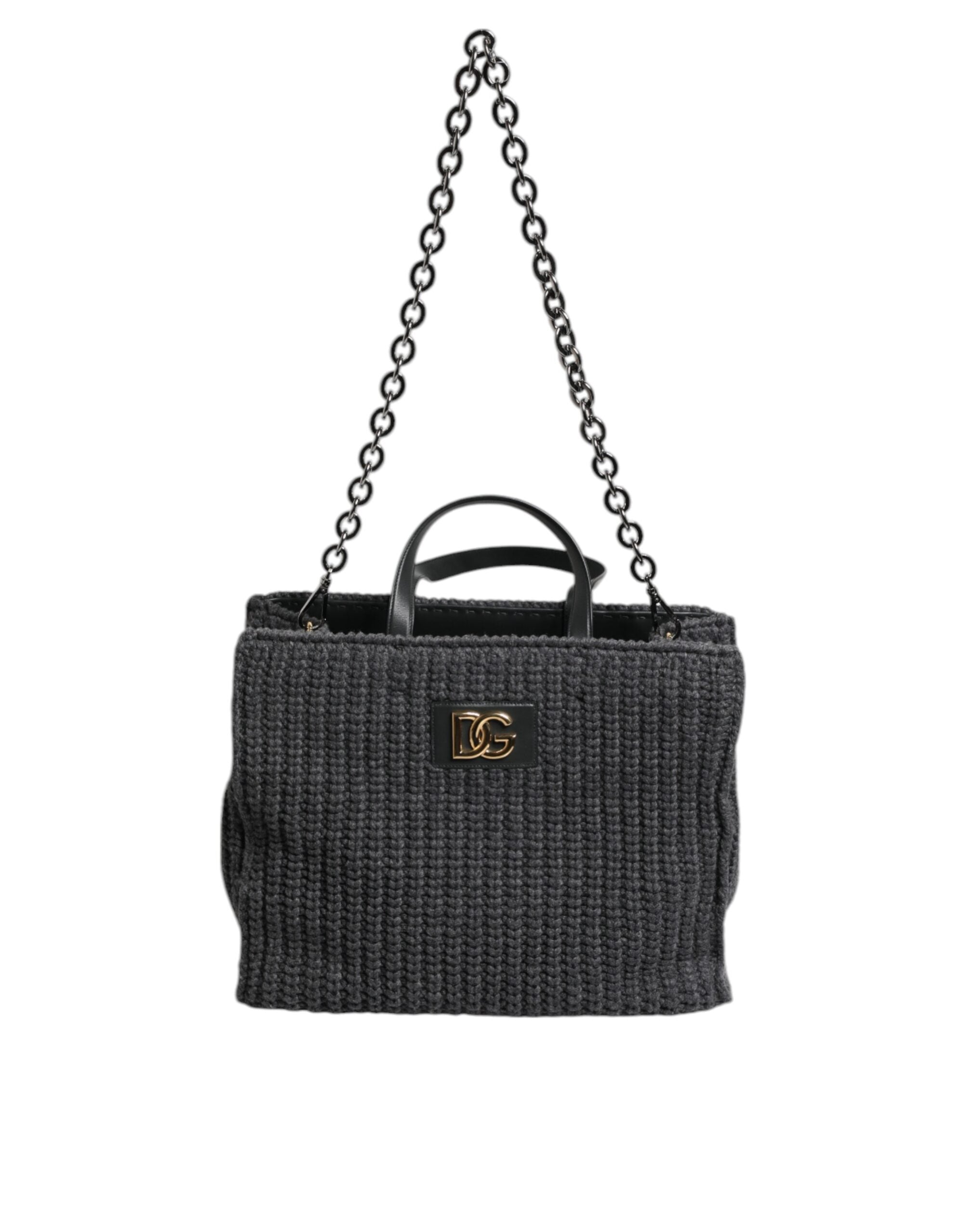 Geantă de umăr mare Dolce &amp; Gabbana, tricotată croșetată, neagră, cu logo DG
