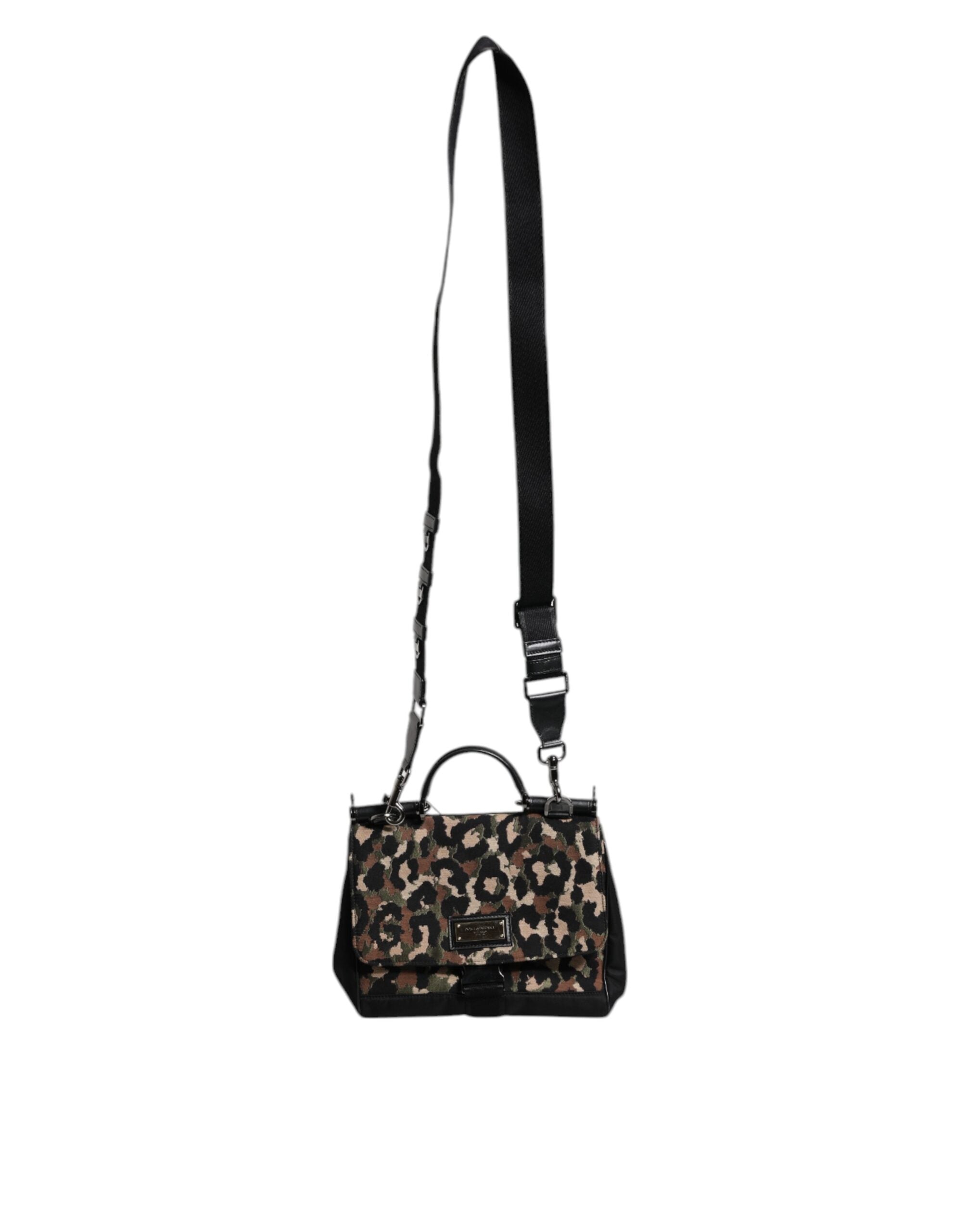 Geantă tote Dolce &amp; Gabbana Sicily din nailon lac cu imprimeu leopard maro