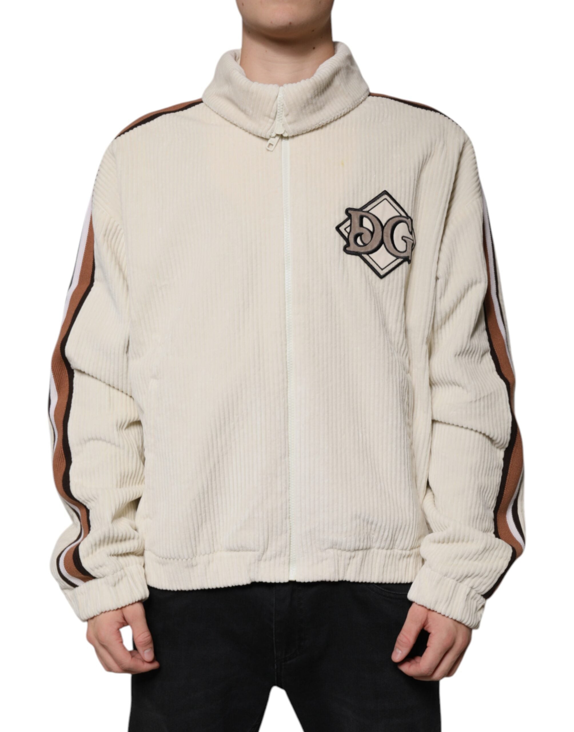 Dolce &amp; Gabbana Beigefarbene Jacke aus Baumwollcord mit durchgehendem Reißverschluss und Logo-Applikation