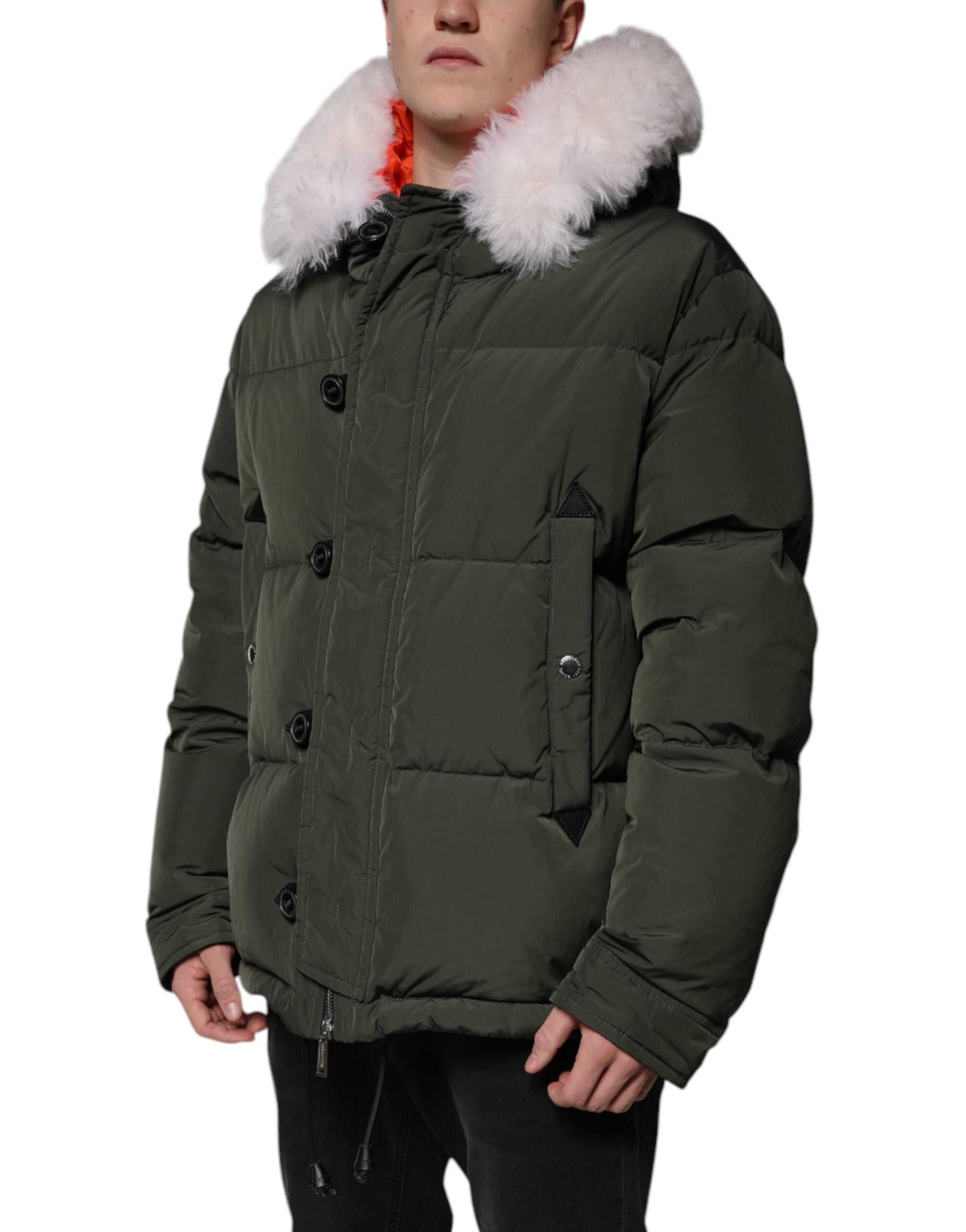 Jachetă Dsquared² verde cu glugă și mâneci lungi din blană de shearling