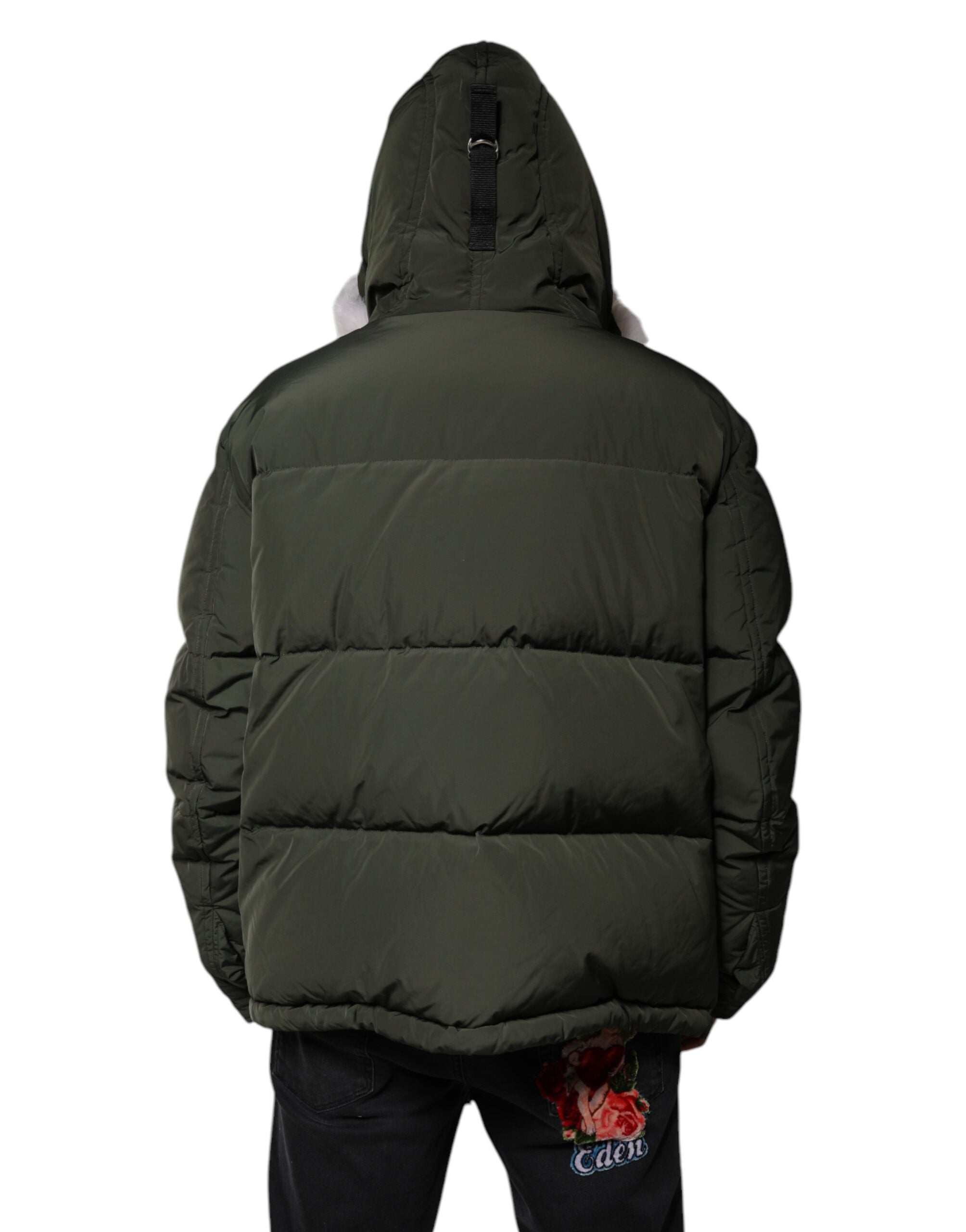 Jachetă Dsquared² verde cu glugă și mâneci lungi din blană de shearling