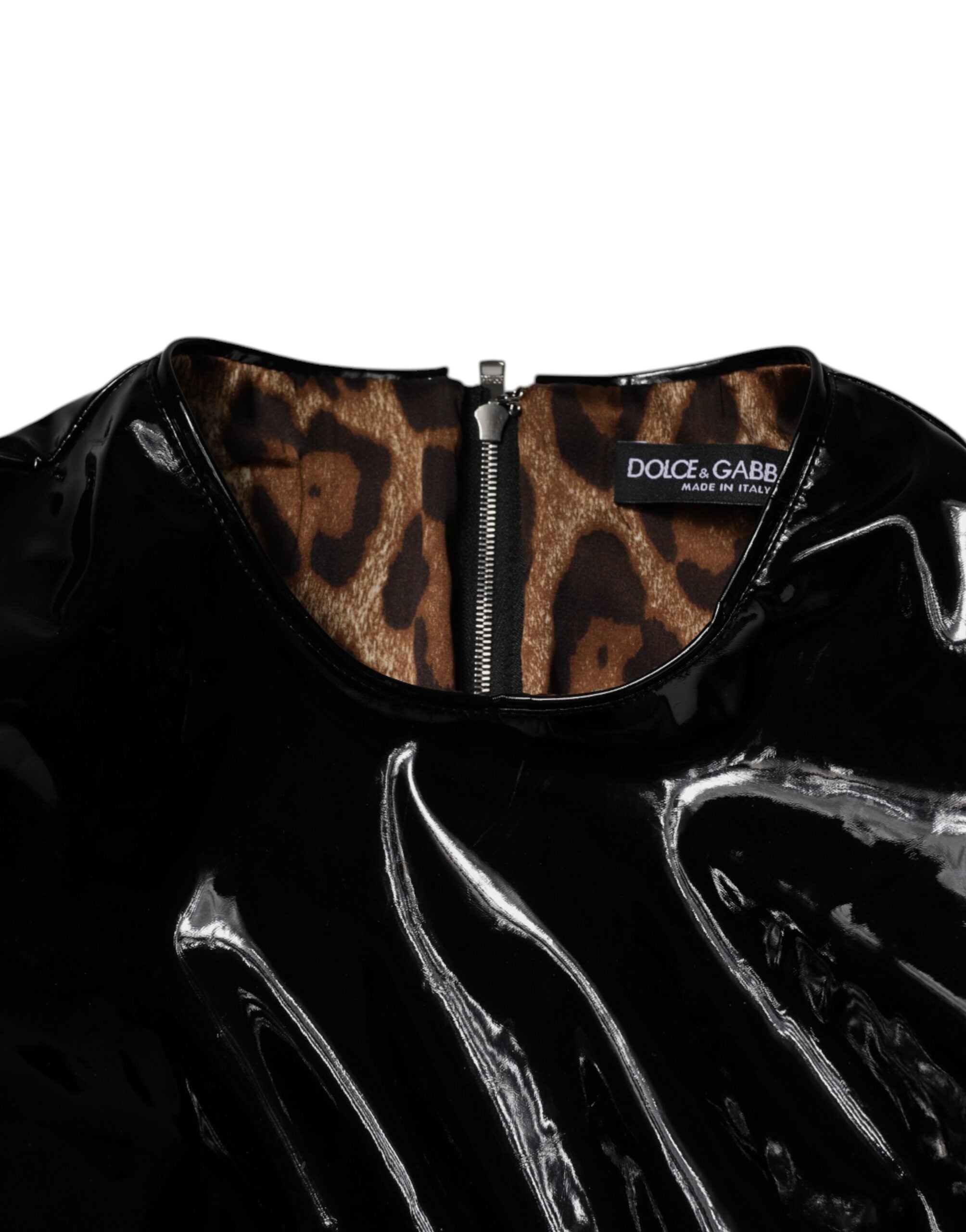 Rochie mini Dolce &amp; Gabbana neagră din piele lăcuită cu mâneci bufante