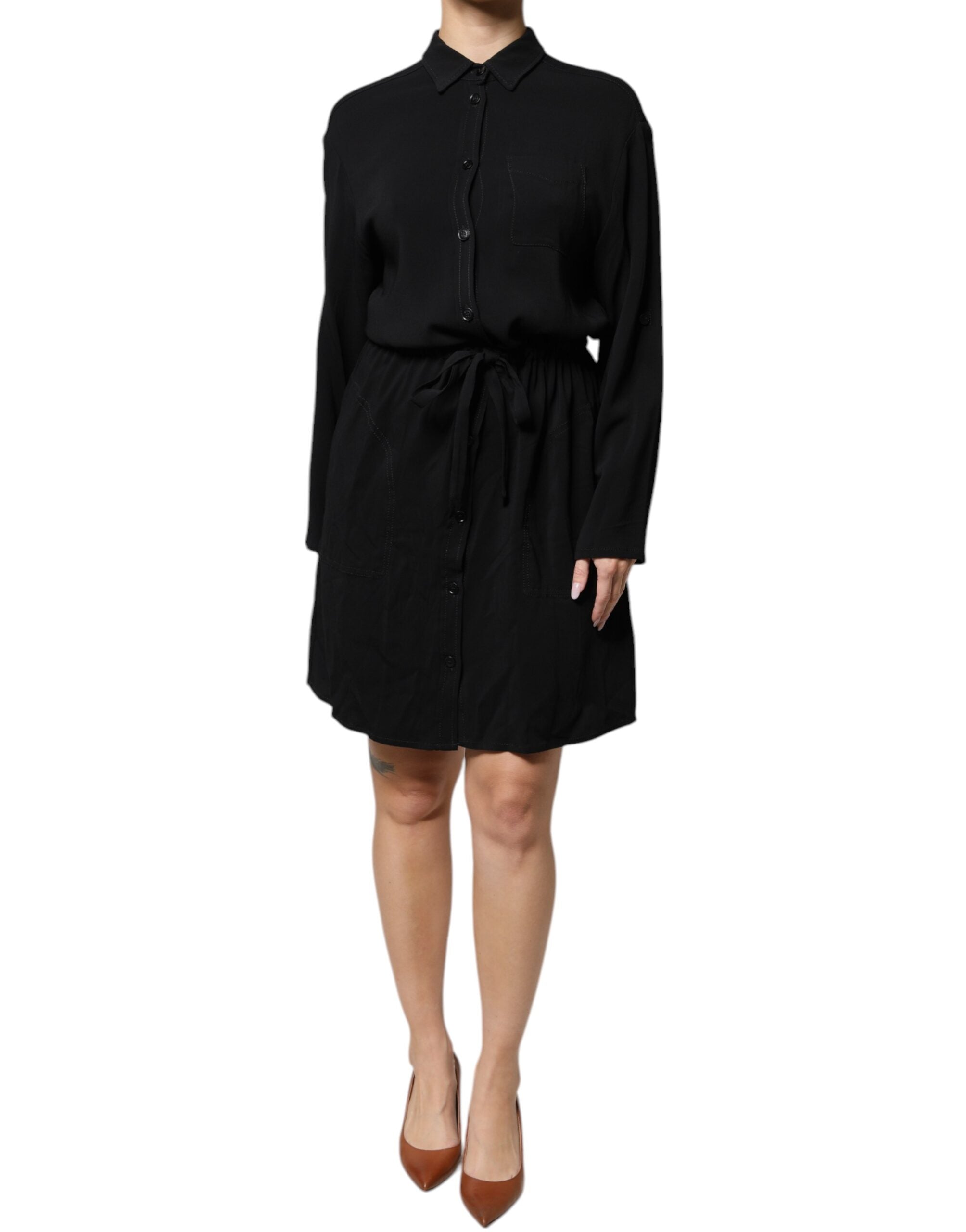 Rochie mini Emporio Armani neagră din viscoză, cu mâneci lungi, în formă de A