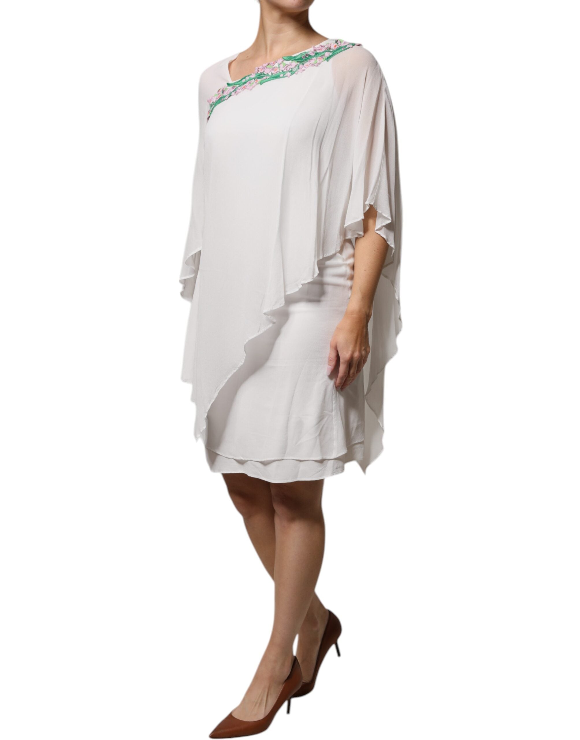 Rochie scurtă Blumarine albă cu broderie florală și șifon din viscoză