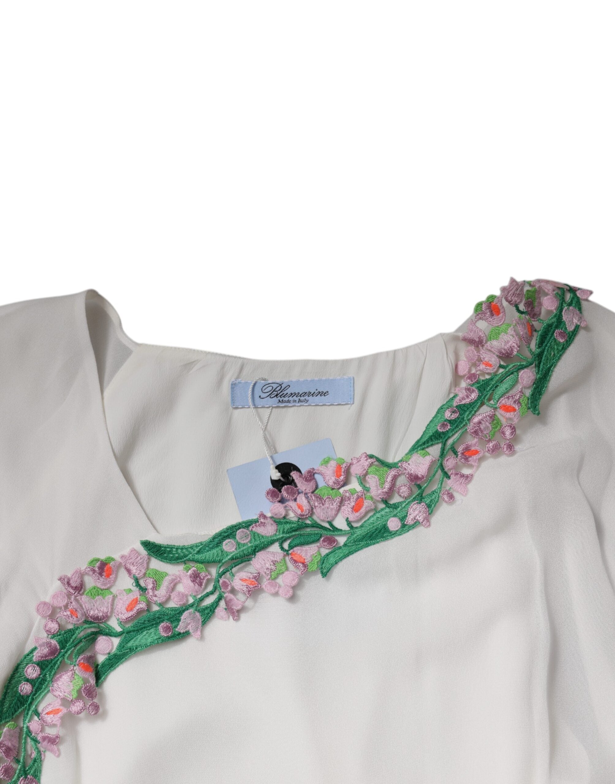 Rochie scurtă Blumarine albă cu broderie florală și șifon din viscoză