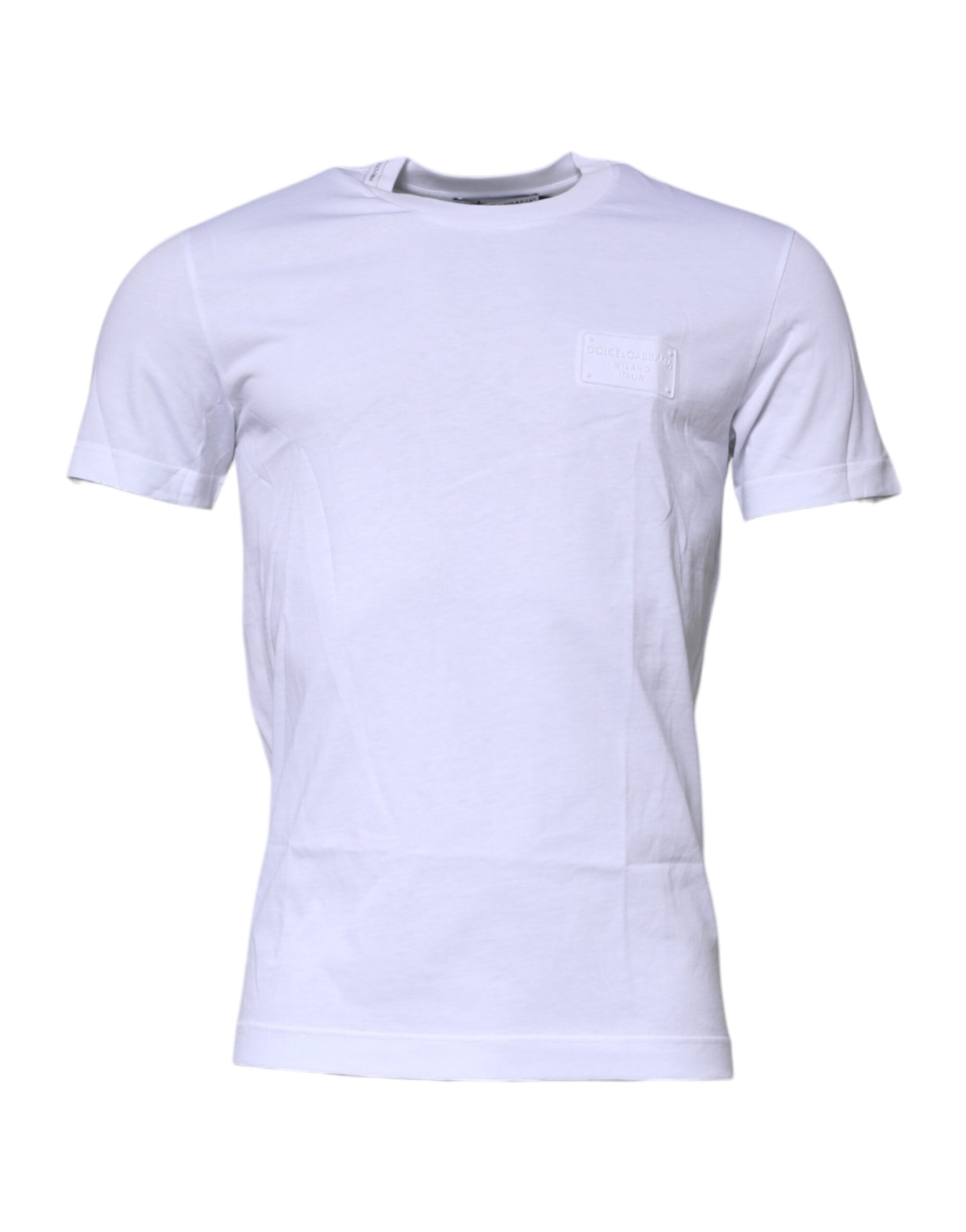 Dolce &amp; Gabbana – Weißes Baumwoll-T-Shirt mit Rundhalsausschnitt und Logo-Schild