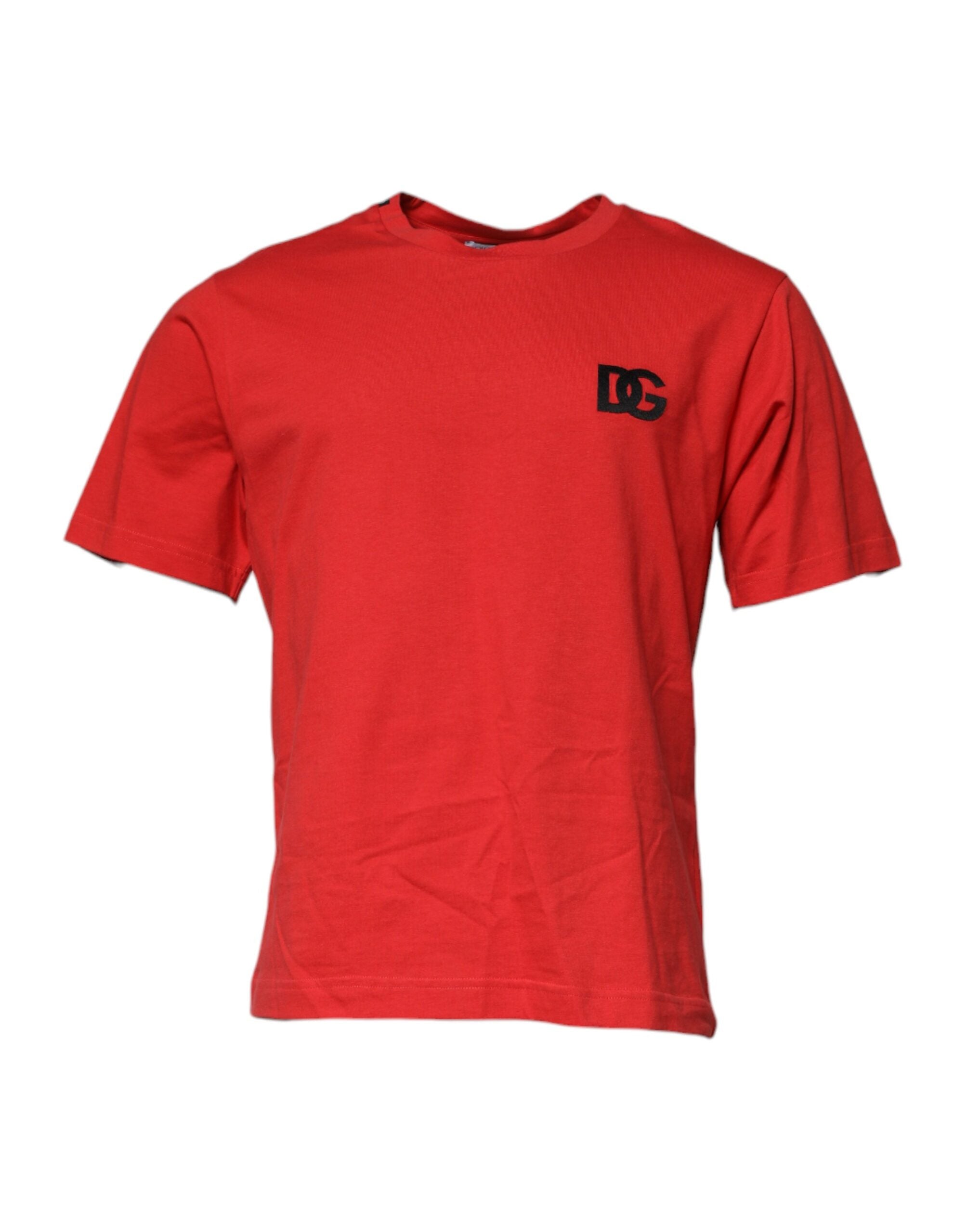 Dolce &amp; Gabbana – Rotes T-Shirt aus Baumwolle mit Rundhalsausschnitt und DG-Logo-Patch