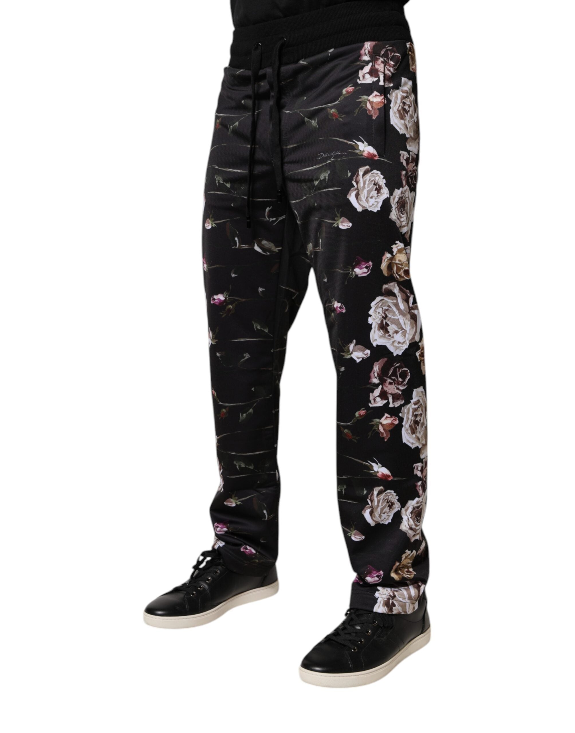 Dolce &amp; Gabbana Schwarze Jogginghose aus Polyester mit Blumenmuster