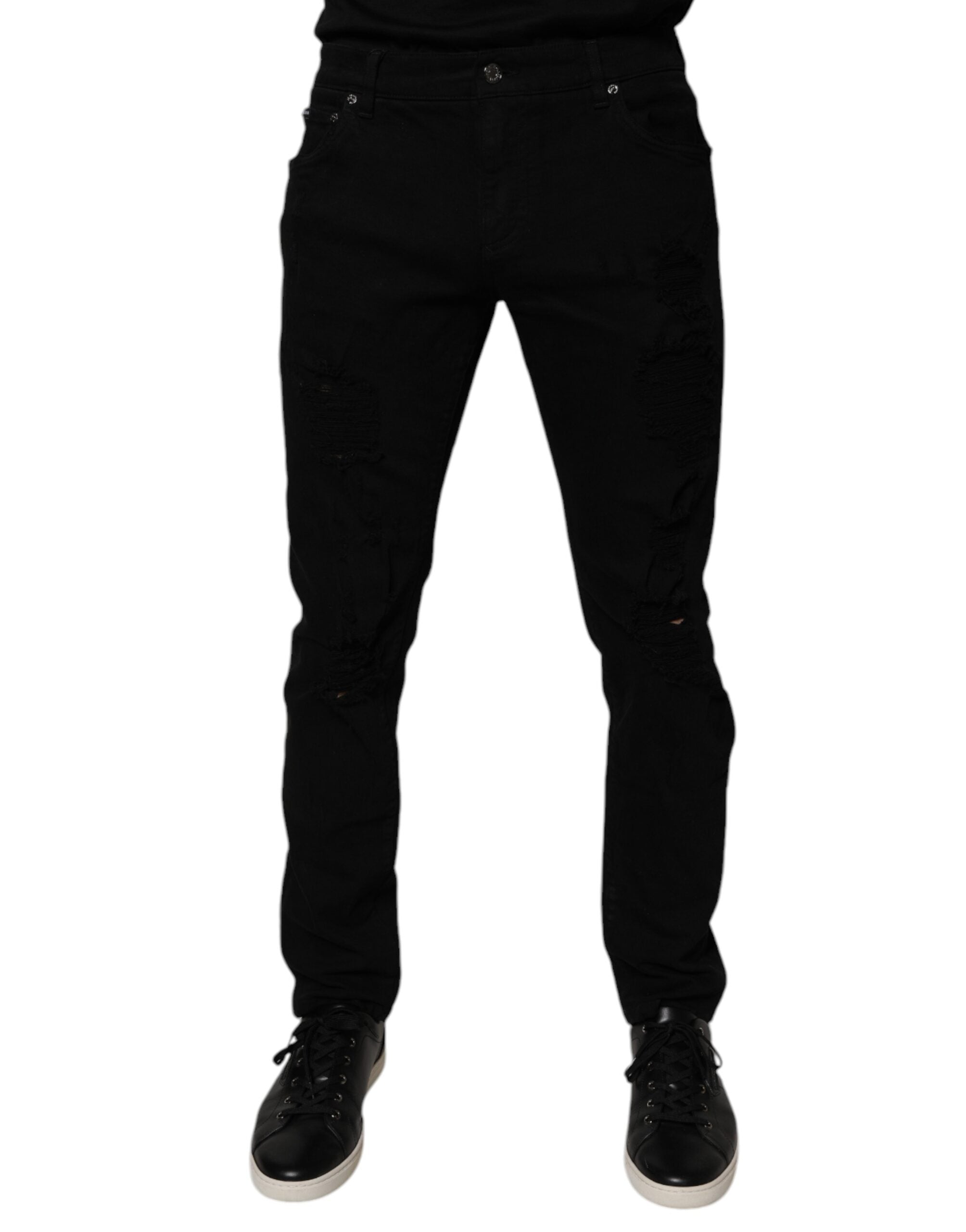 Blugi skinny Dolce &amp; Gabbana negri din bumbac zdrențuit pentru bărbați