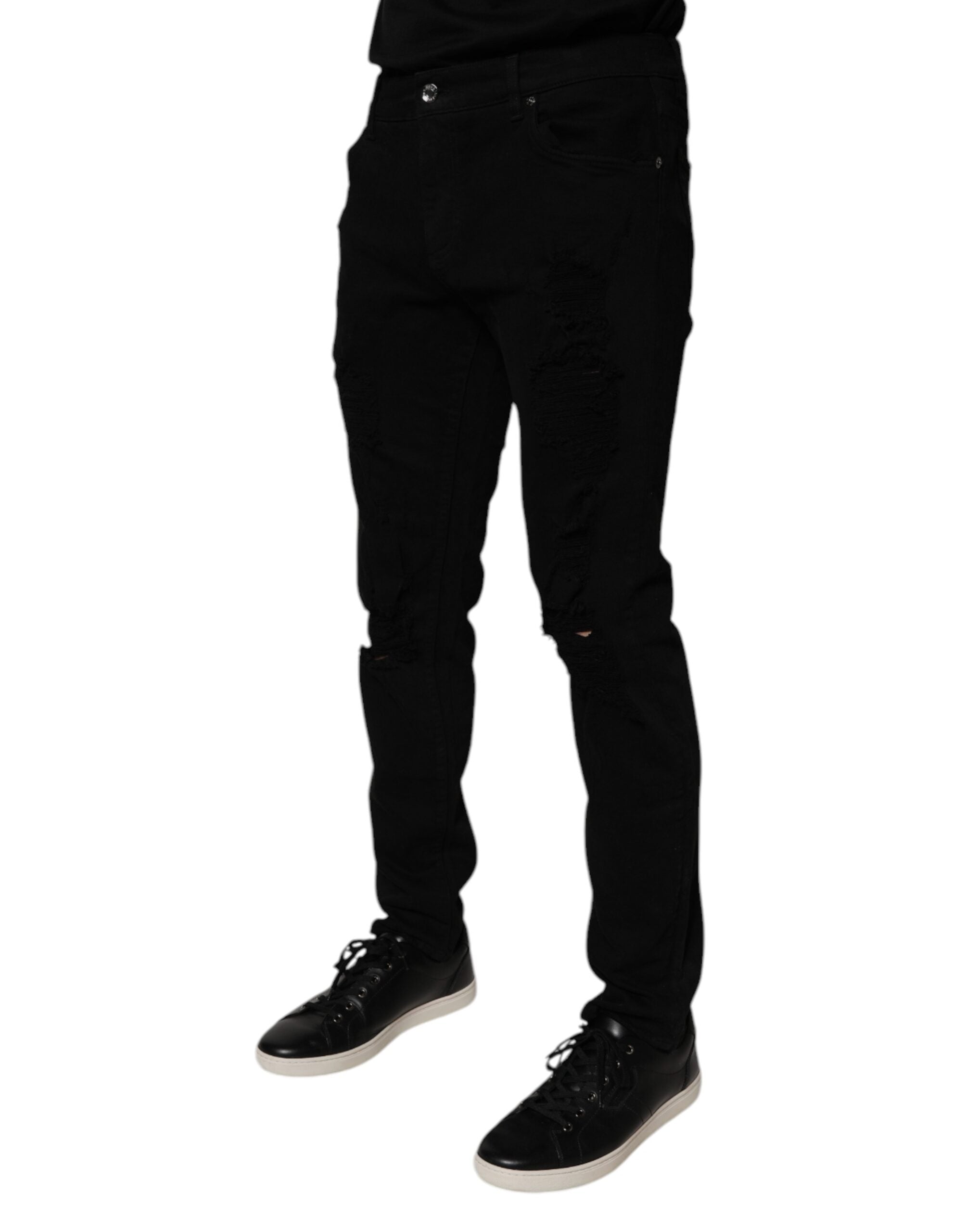 Blugi skinny Dolce &amp; Gabbana negri din bumbac zdrențuit pentru bărbați