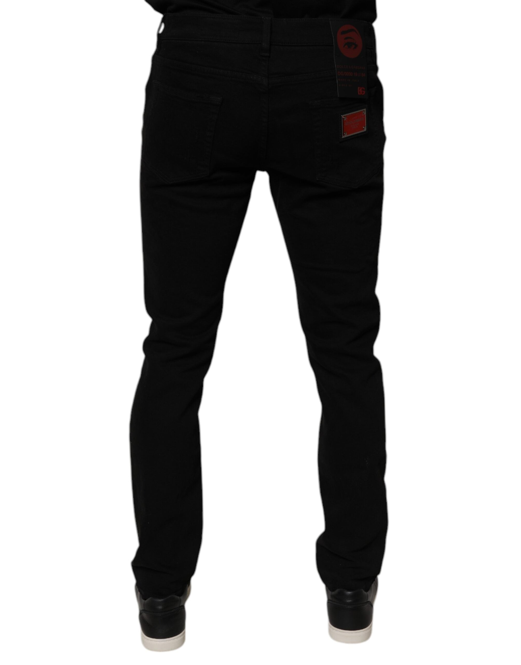 Blugi skinny Dolce &amp; Gabbana negri din bumbac zdrențuit pentru bărbați
