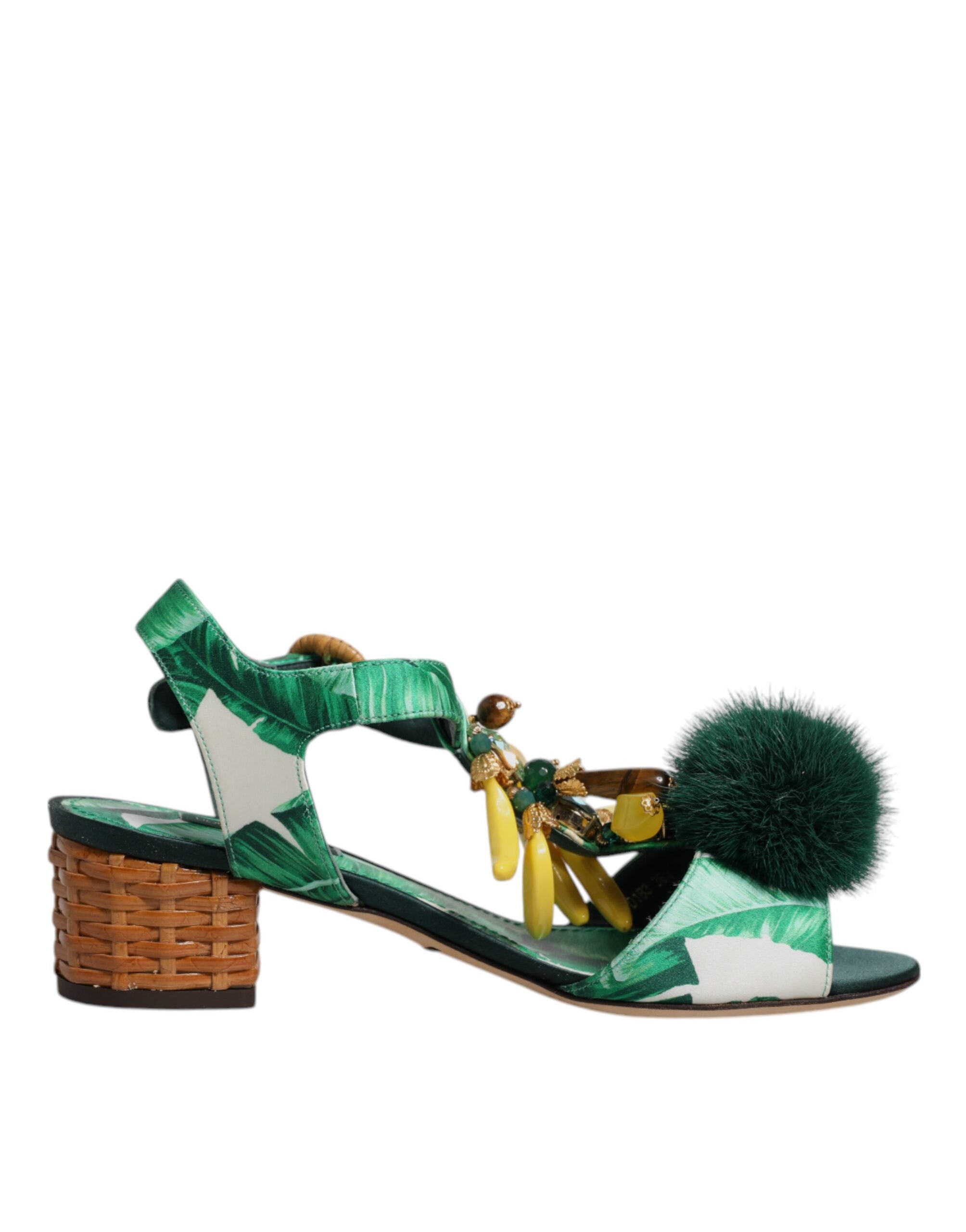 Sandale Dolce &amp; Gabbana verzi cu blană și cristale
