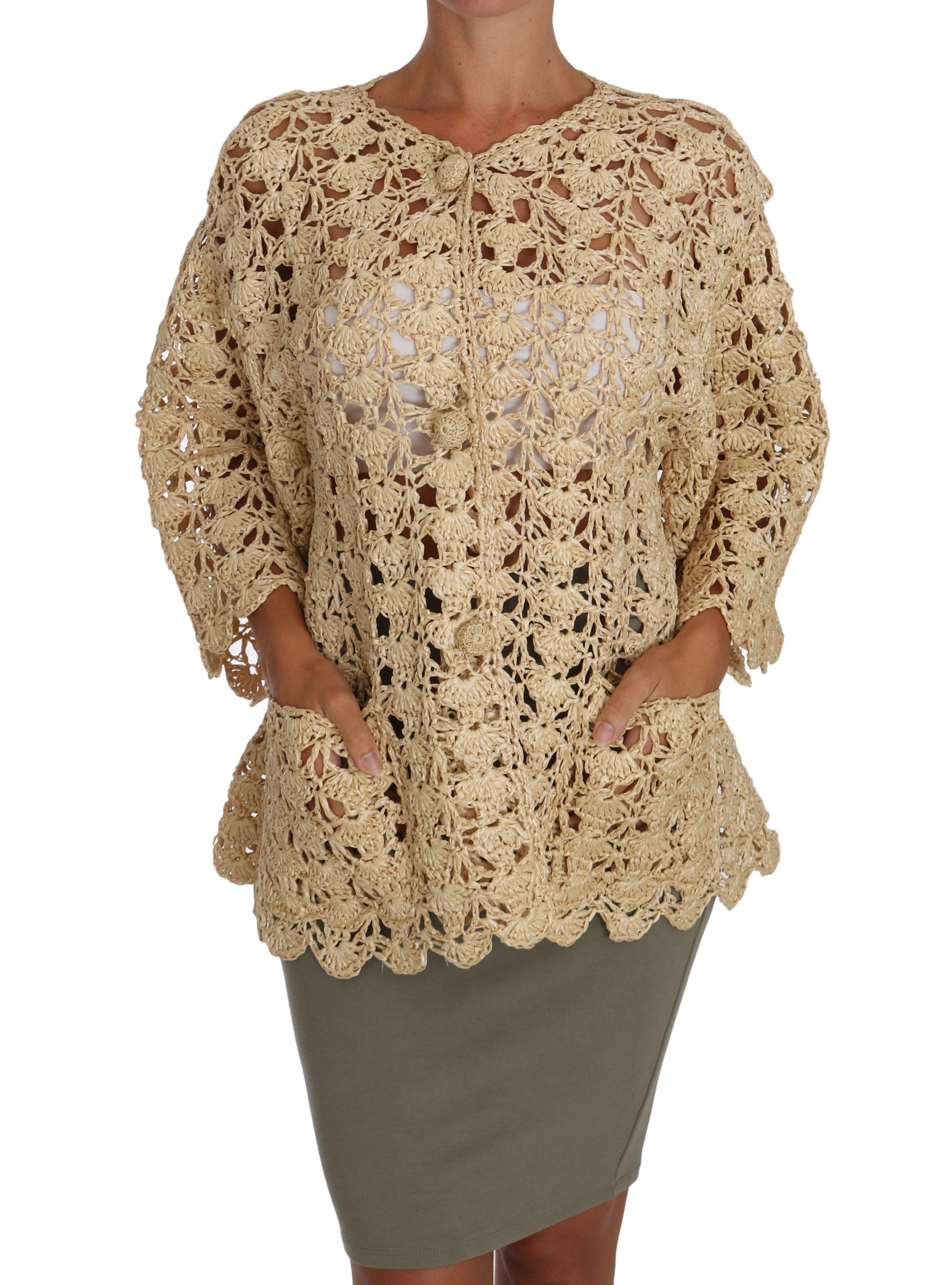 Dolce &amp; Gabbana Schicke beige Häkel-Raffia-Strickjacke