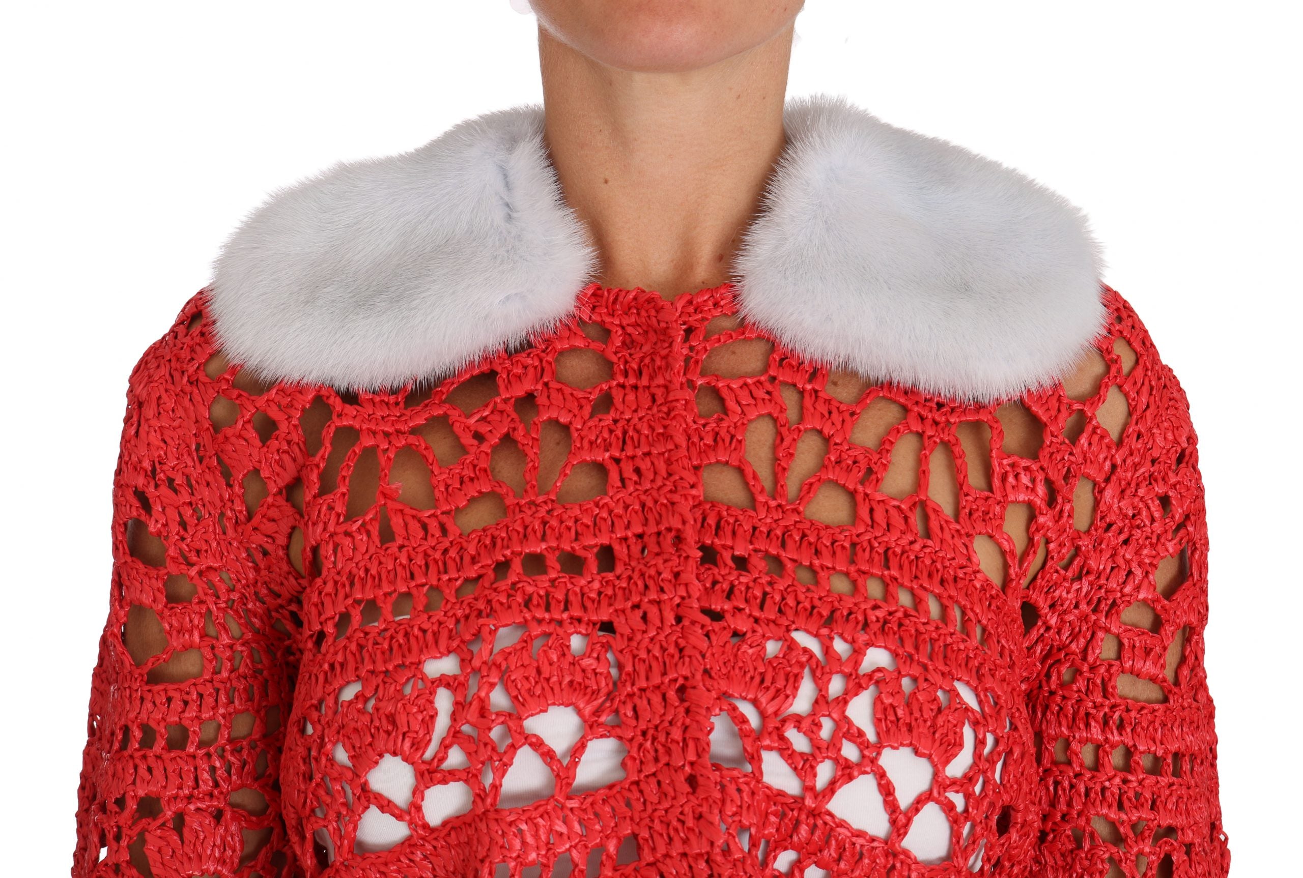 Dolce &amp; Gabbana Elegante rote Häkelstrickjacke mit Pelzkragen