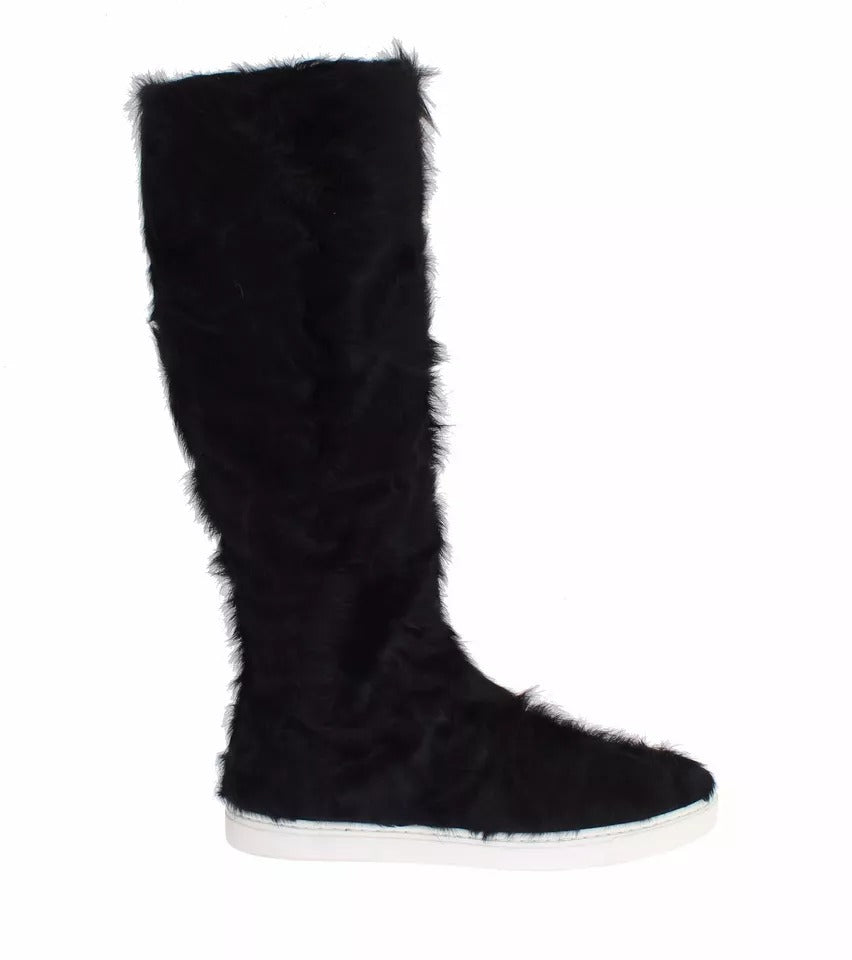 Dolce &amp; Gabbana Schwarze Xiangao Lammfell Lederstiefel Schuhe