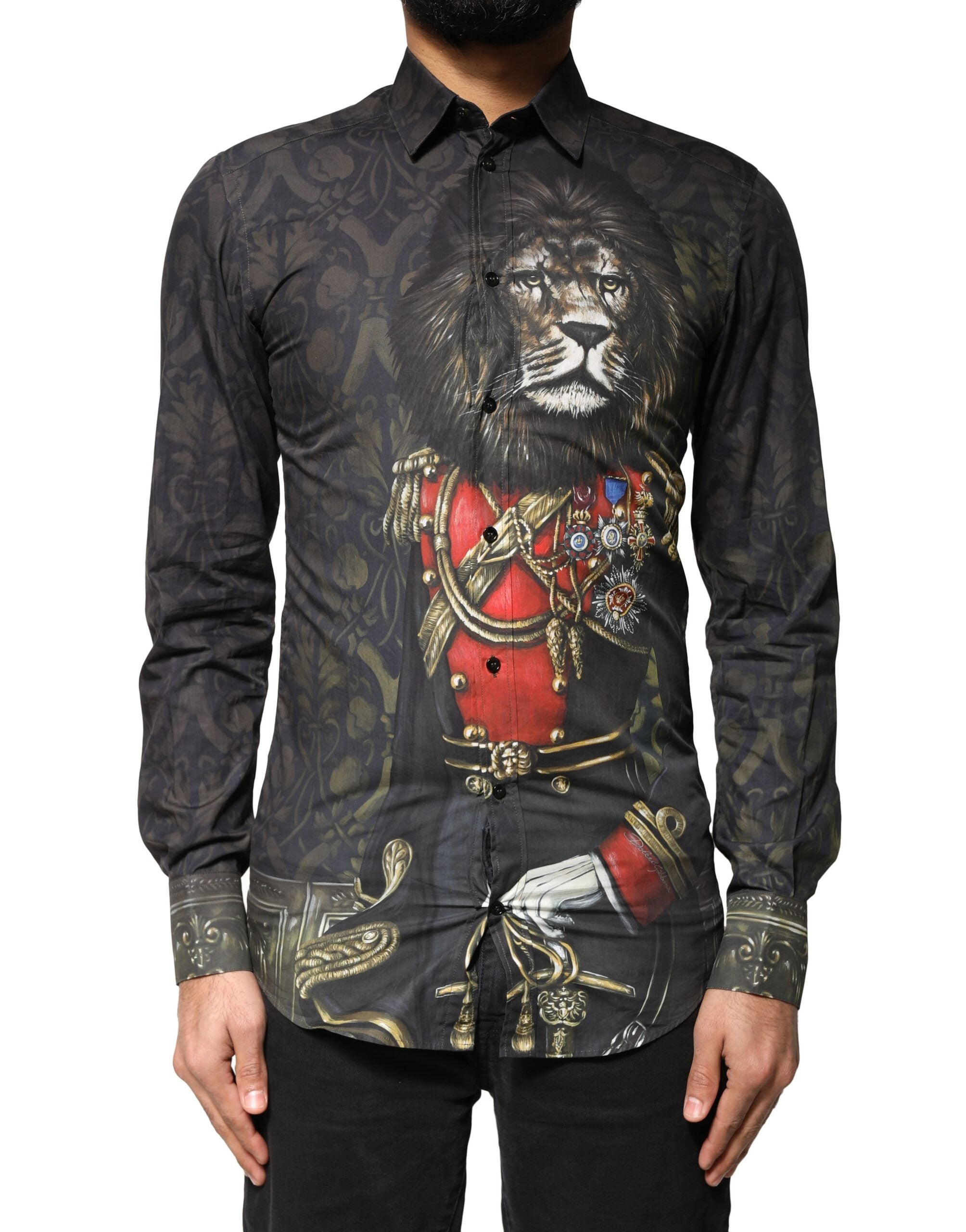 Dolce &amp; Gabbana Schwarzes Hemd mit königlichem Haustierporträt und GOLD