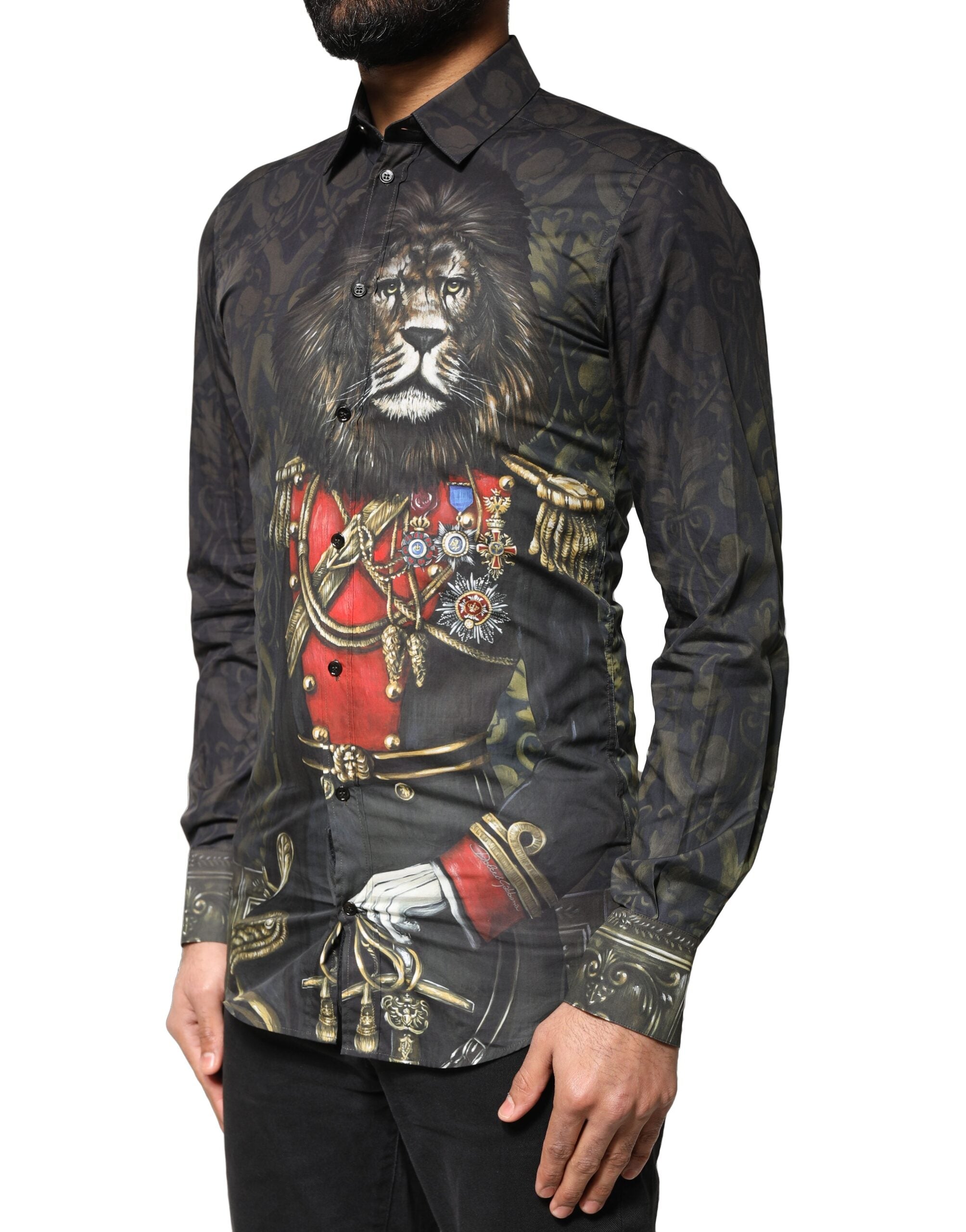 Dolce &amp; Gabbana Schwarzes Hemd mit königlichem Haustierporträt und GOLD