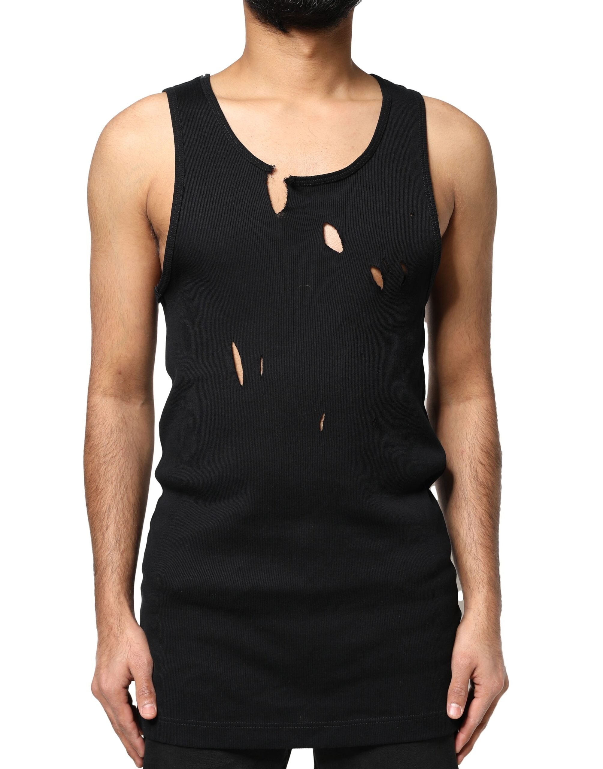 Dolce &amp; Gabbana Tricou negru din bumbac, fără mâneci, stil Rip pentru bărbați