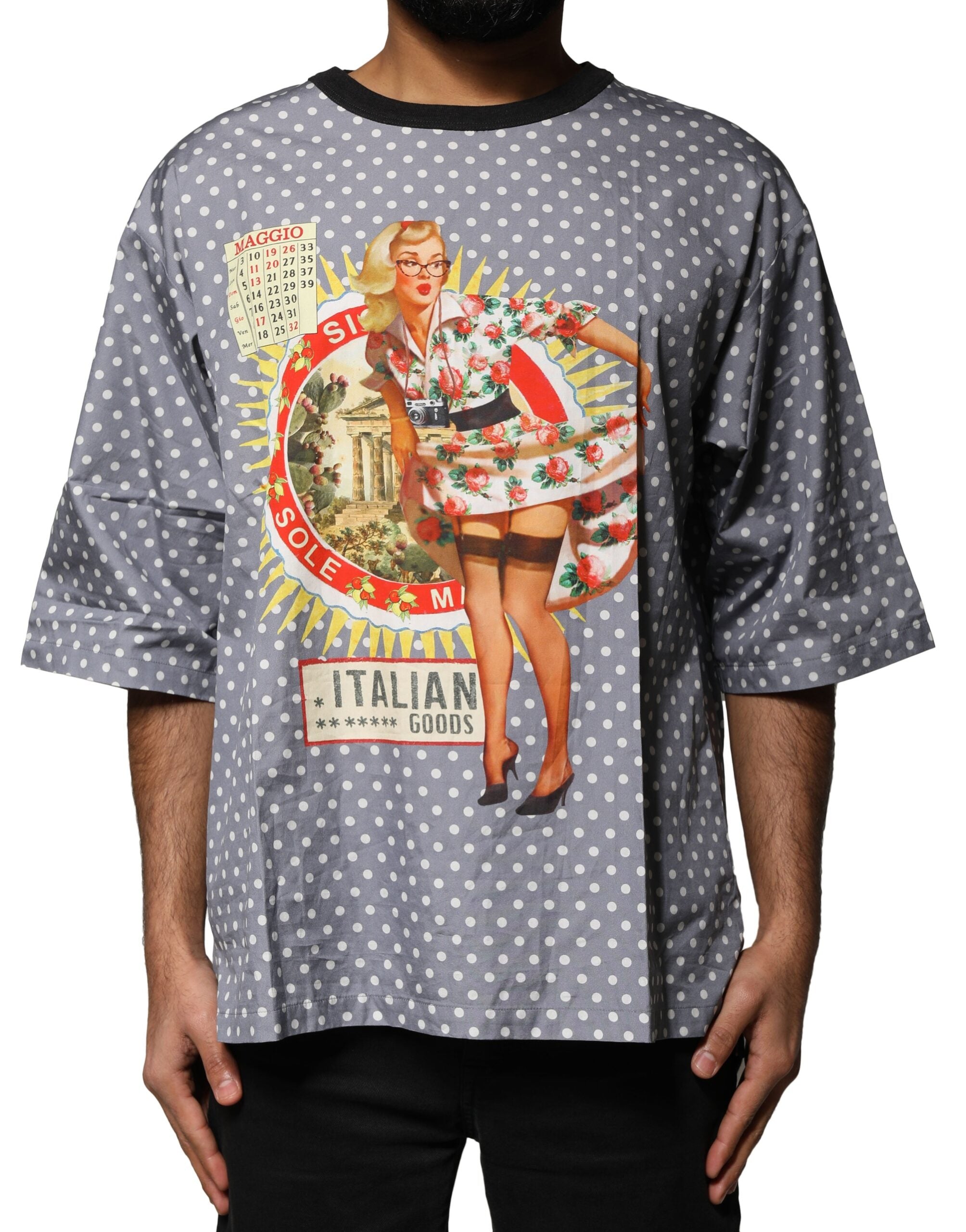 Tricou Dolce &amp; Gabbana gri cu buline și imprimeu Pin-Up, cu guler rotund