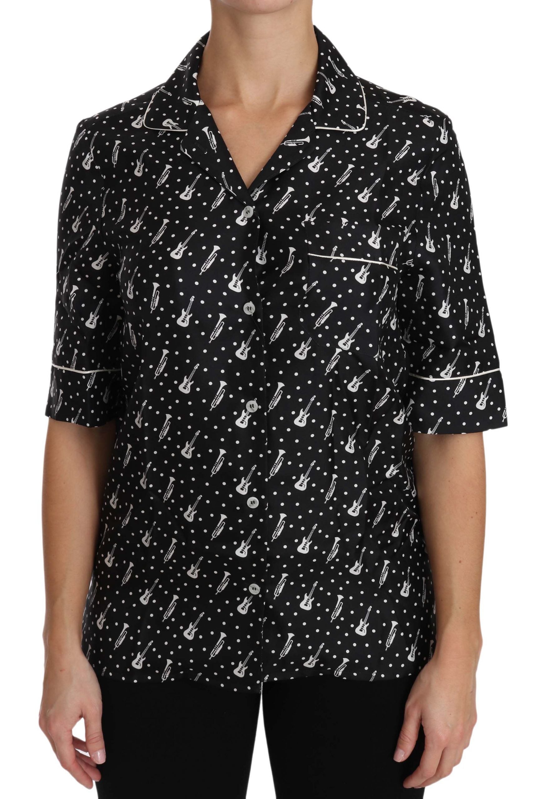Dolce &amp; Gabbana – Seiden-Poloshirt mit Gitarren- und Trompetendruck