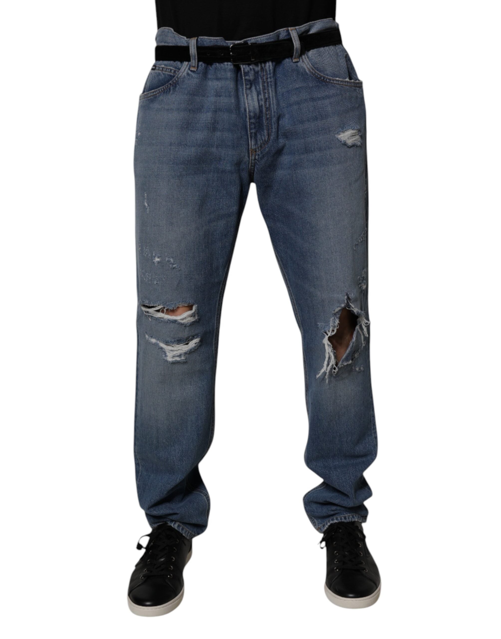 Blugi Dolce &amp; Gabbana albaștri din denim cu imprimeu zdrențuit din bumbac