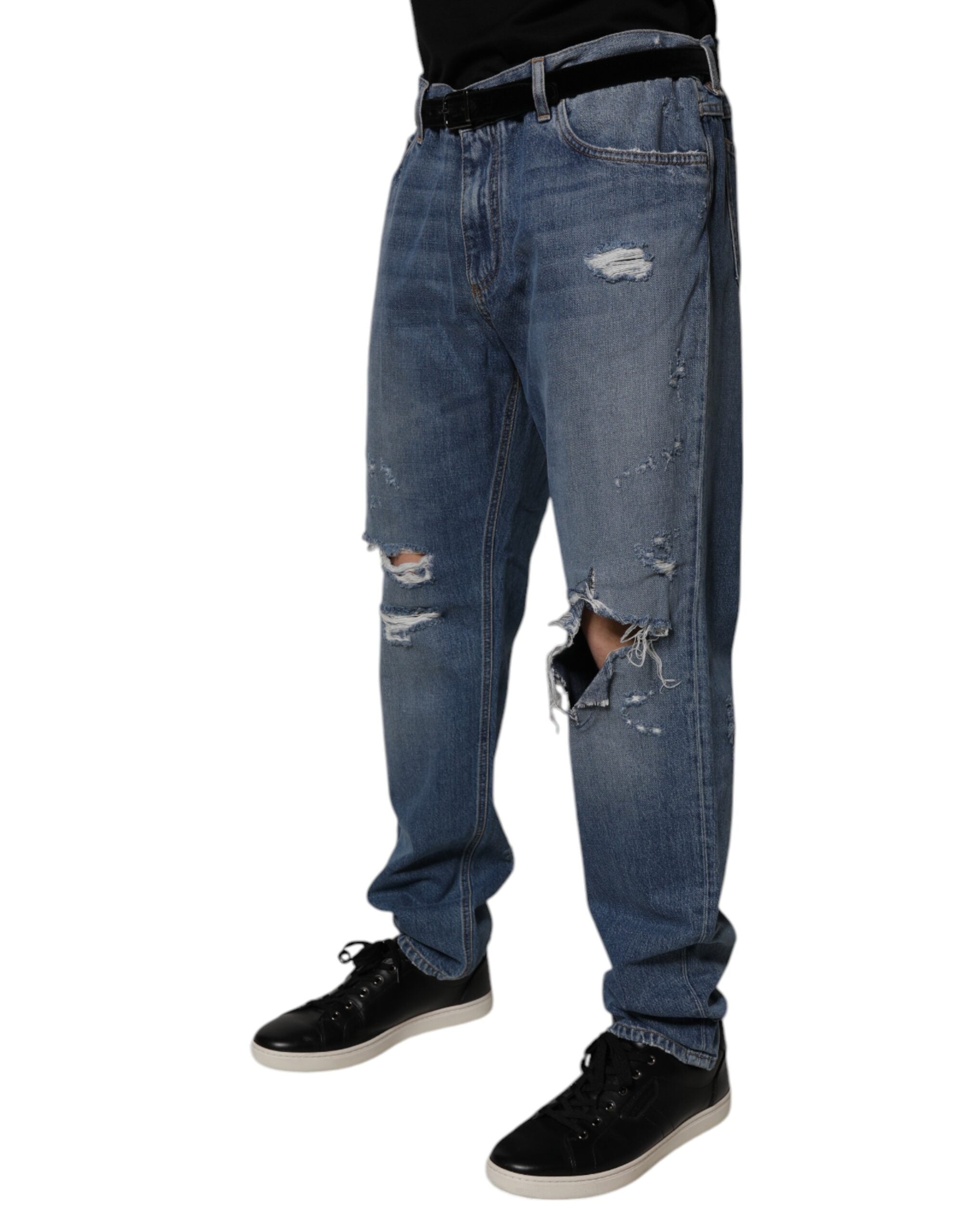 Blugi Dolce &amp; Gabbana albaștri din denim cu imprimeu zdrențuit din bumbac