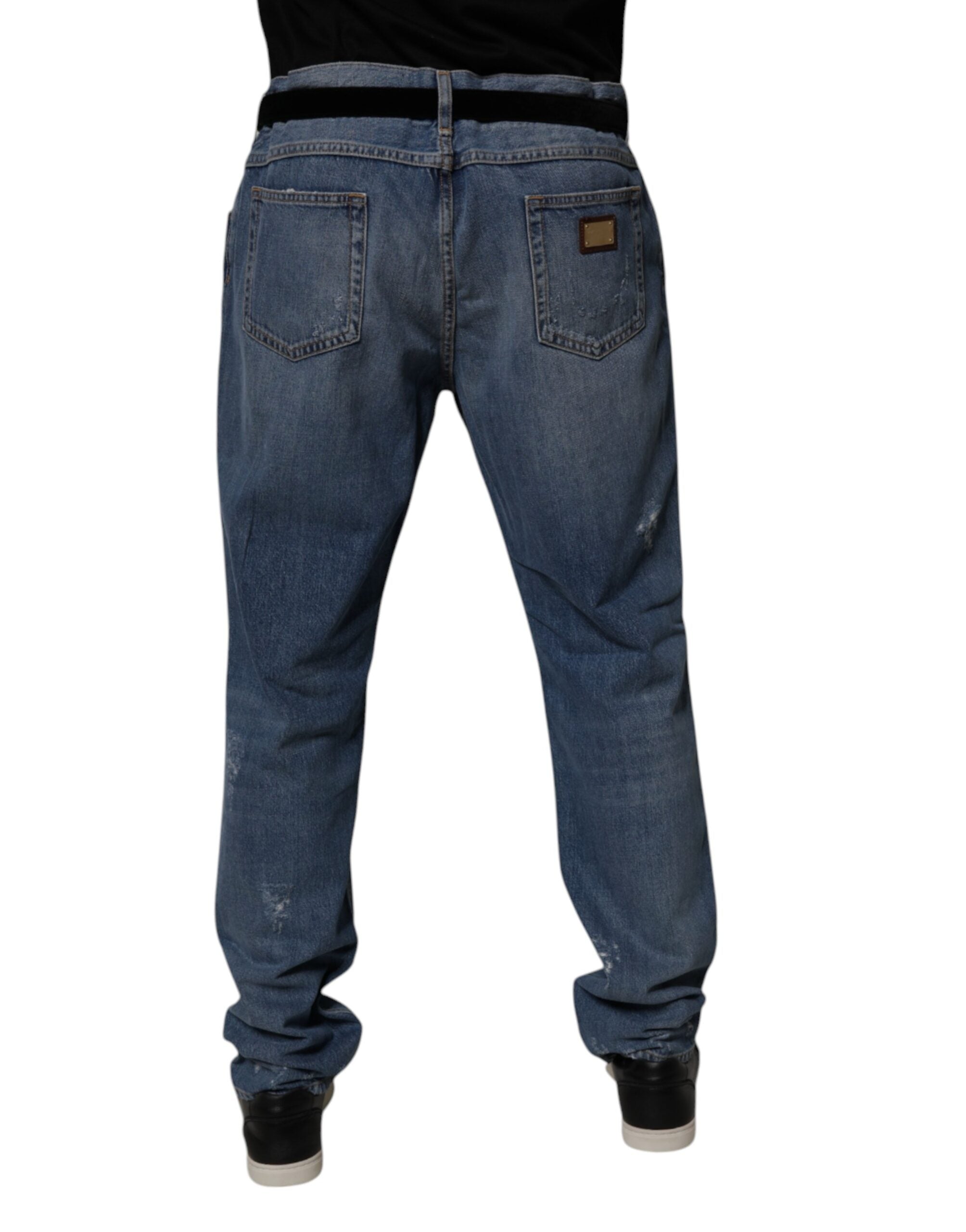 Blugi Dolce &amp; Gabbana albaștri din denim cu imprimeu zdrențuit din bumbac