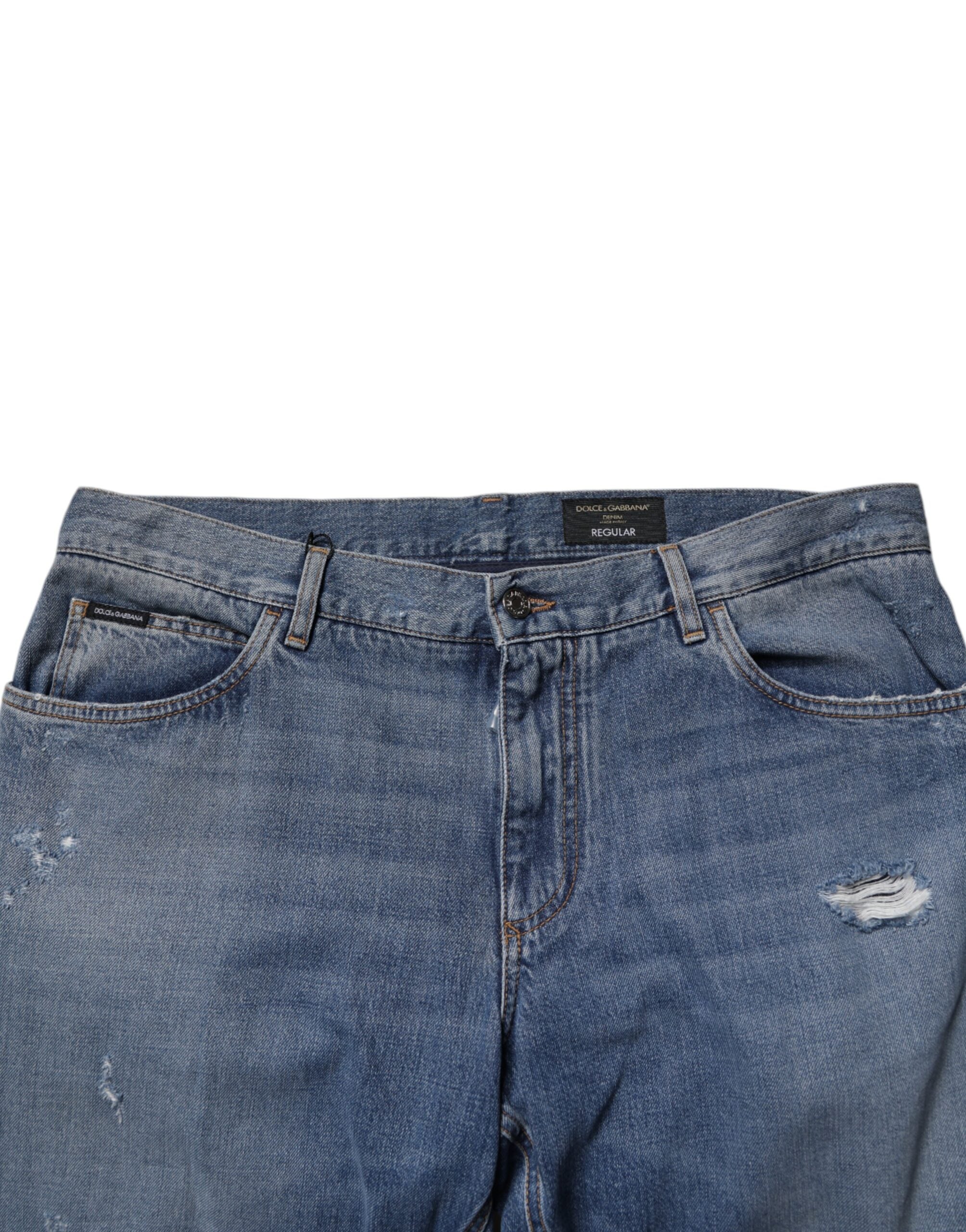 Blugi Dolce &amp; Gabbana albaștri din denim cu imprimeu zdrențuit din bumbac