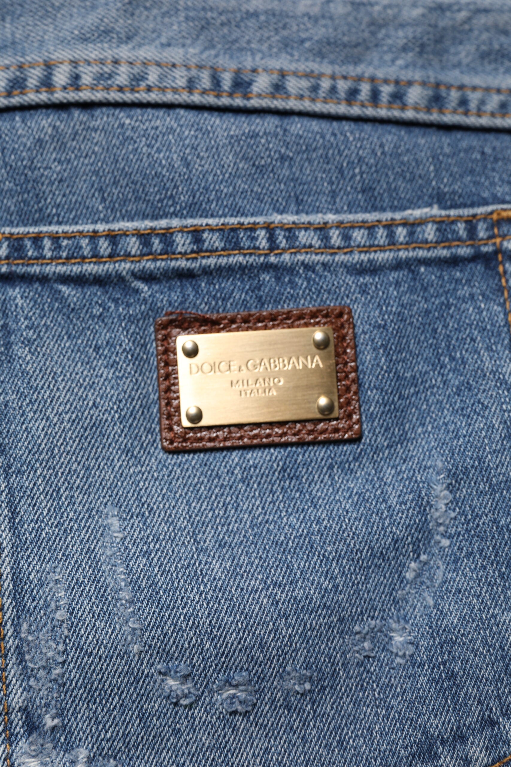 Blugi Dolce &amp; Gabbana albaștri din denim cu imprimeu zdrențuit din bumbac