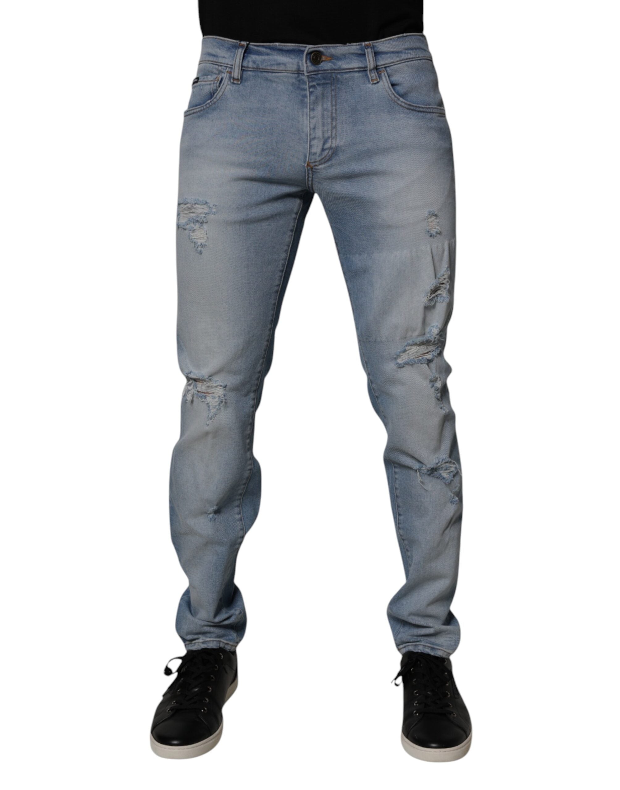 Blugi skinny Dolce &amp; Gabbana albaștri din bumbac zdrențuit pentru bărbați