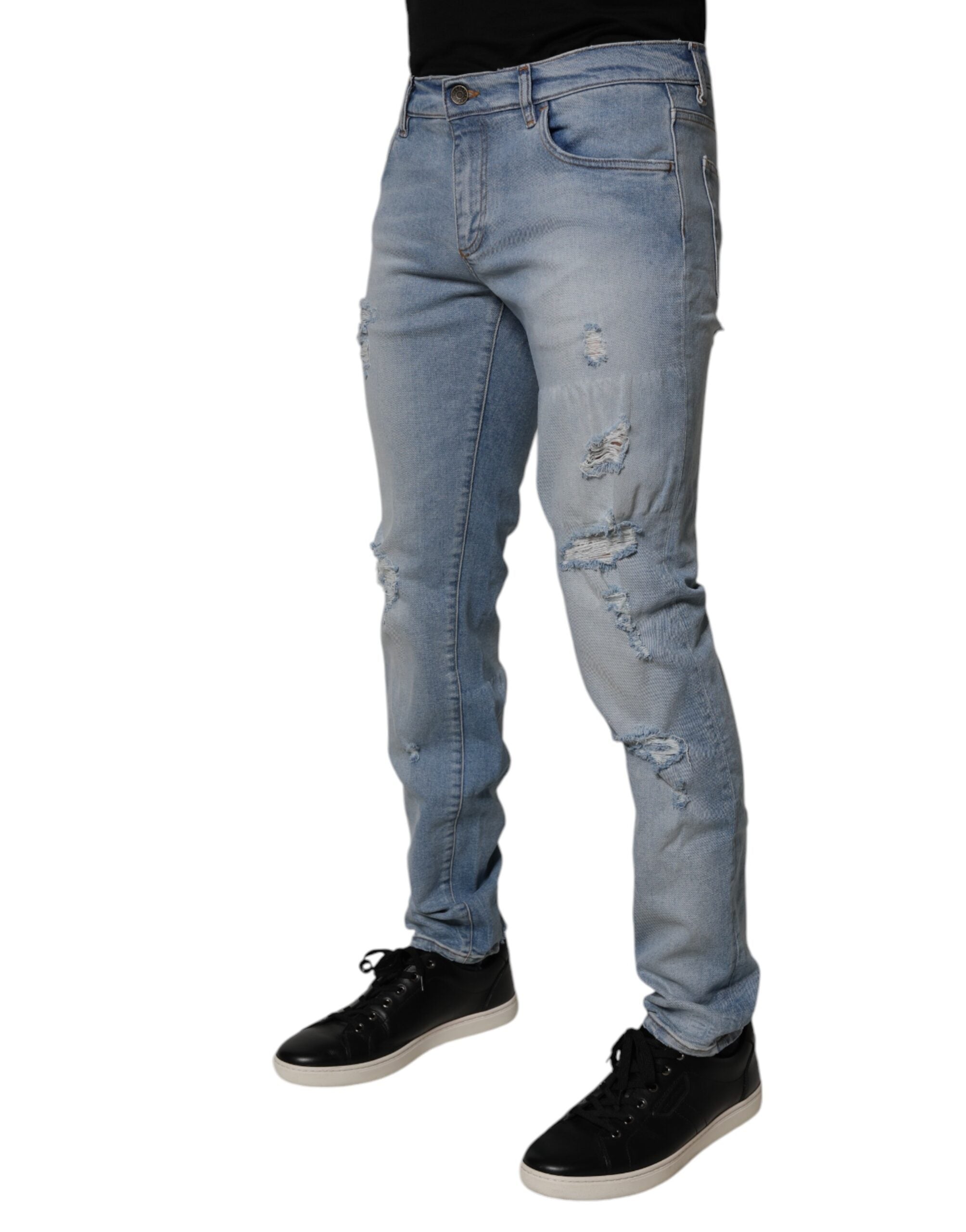 Blugi skinny Dolce &amp; Gabbana albaștri din bumbac zdrențuit pentru bărbați