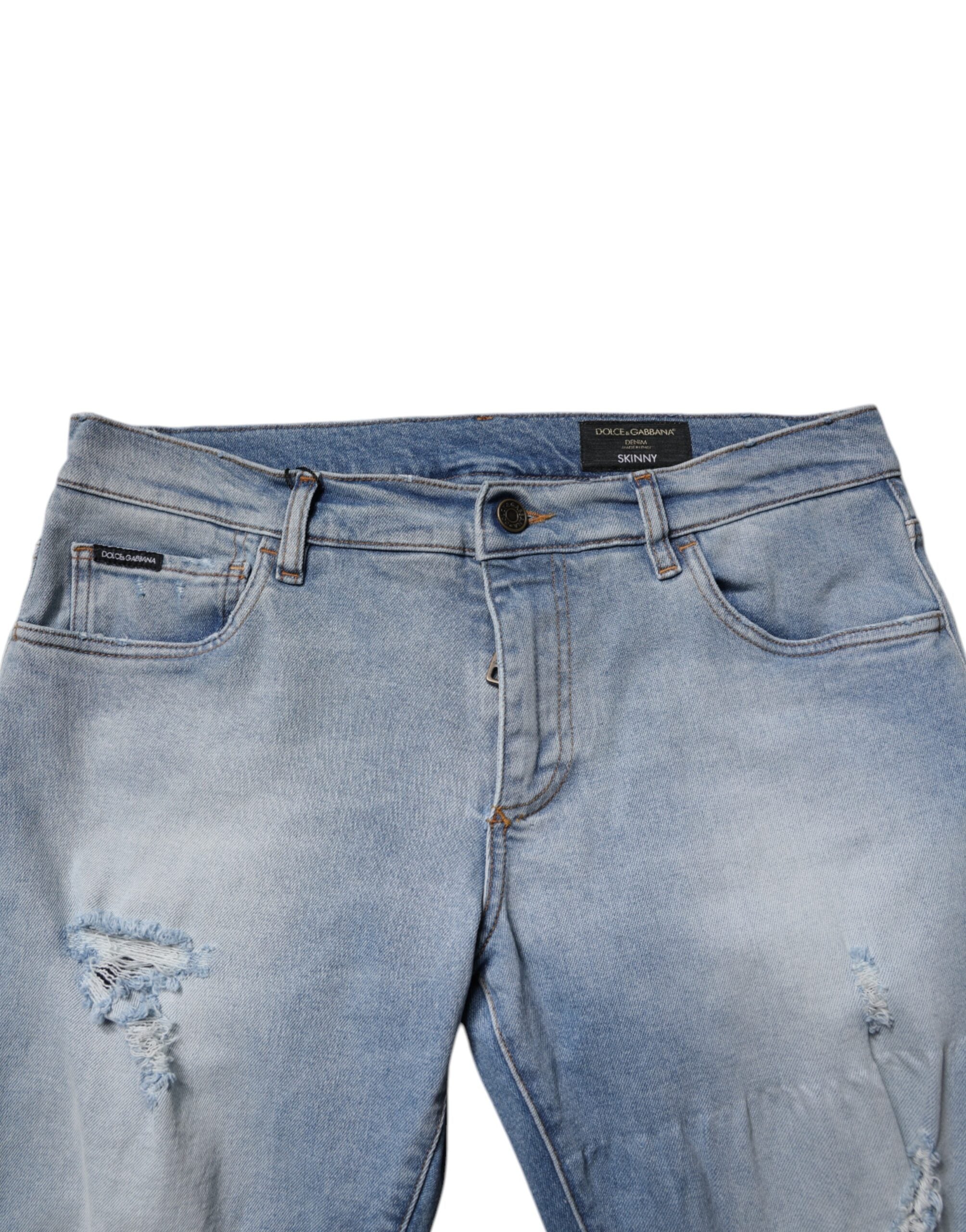 Blugi skinny Dolce &amp; Gabbana albaștri din bumbac zdrențuit pentru bărbați