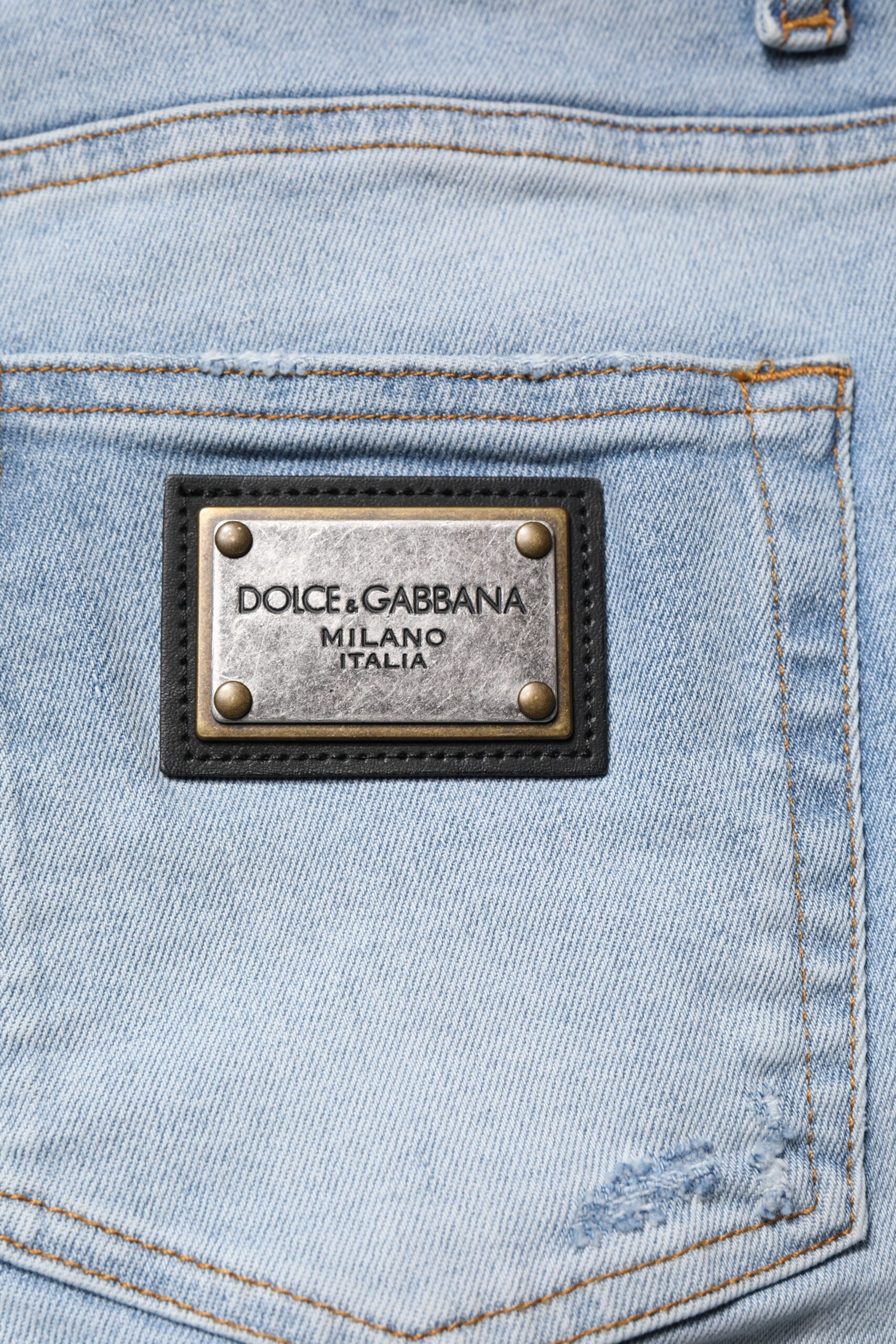 Blugi skinny Dolce &amp; Gabbana albaștri din bumbac zdrențuit pentru bărbați