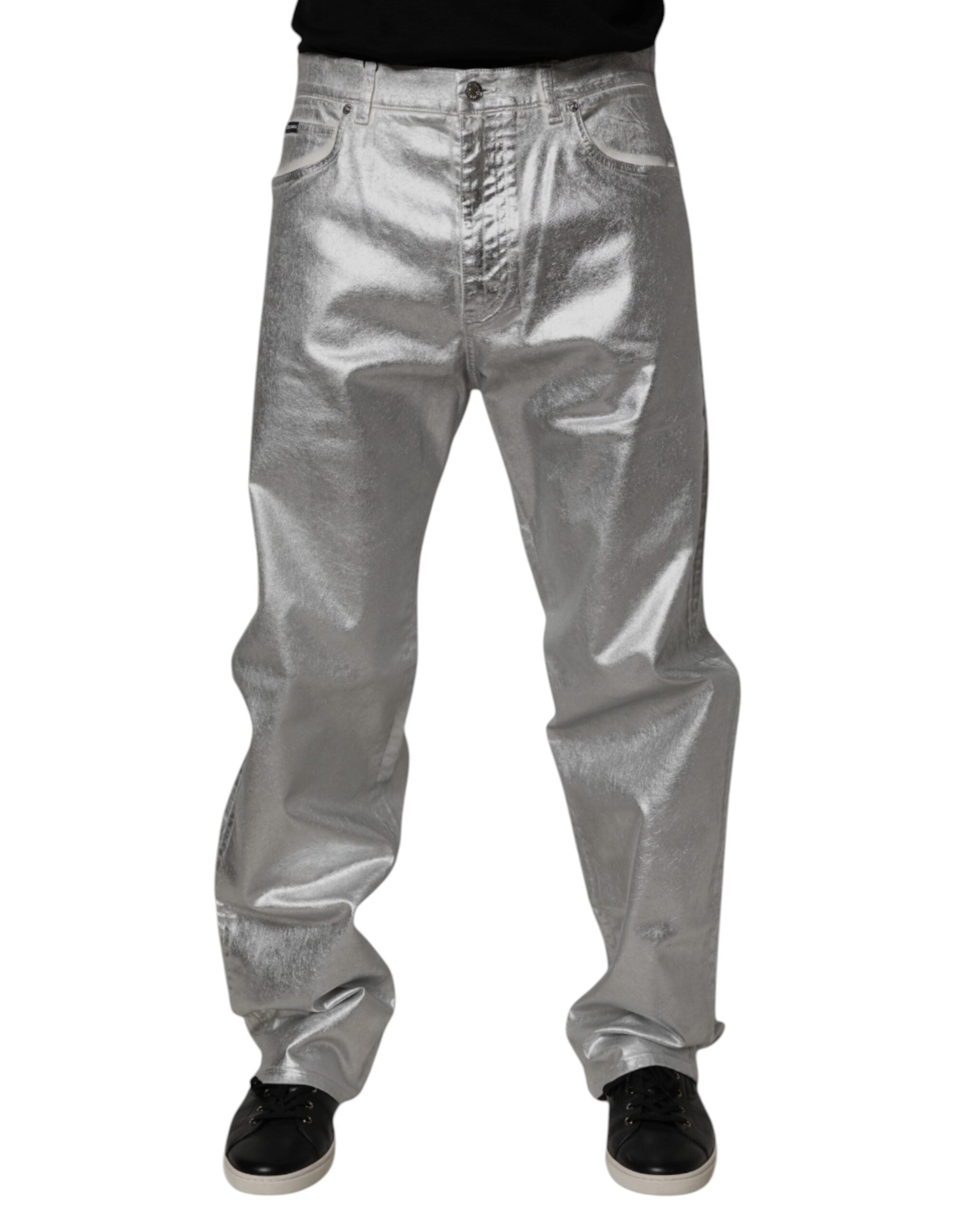 Blugi Dolce &amp; Gabbana din denim drept, argintiu metalizat, din bumbac