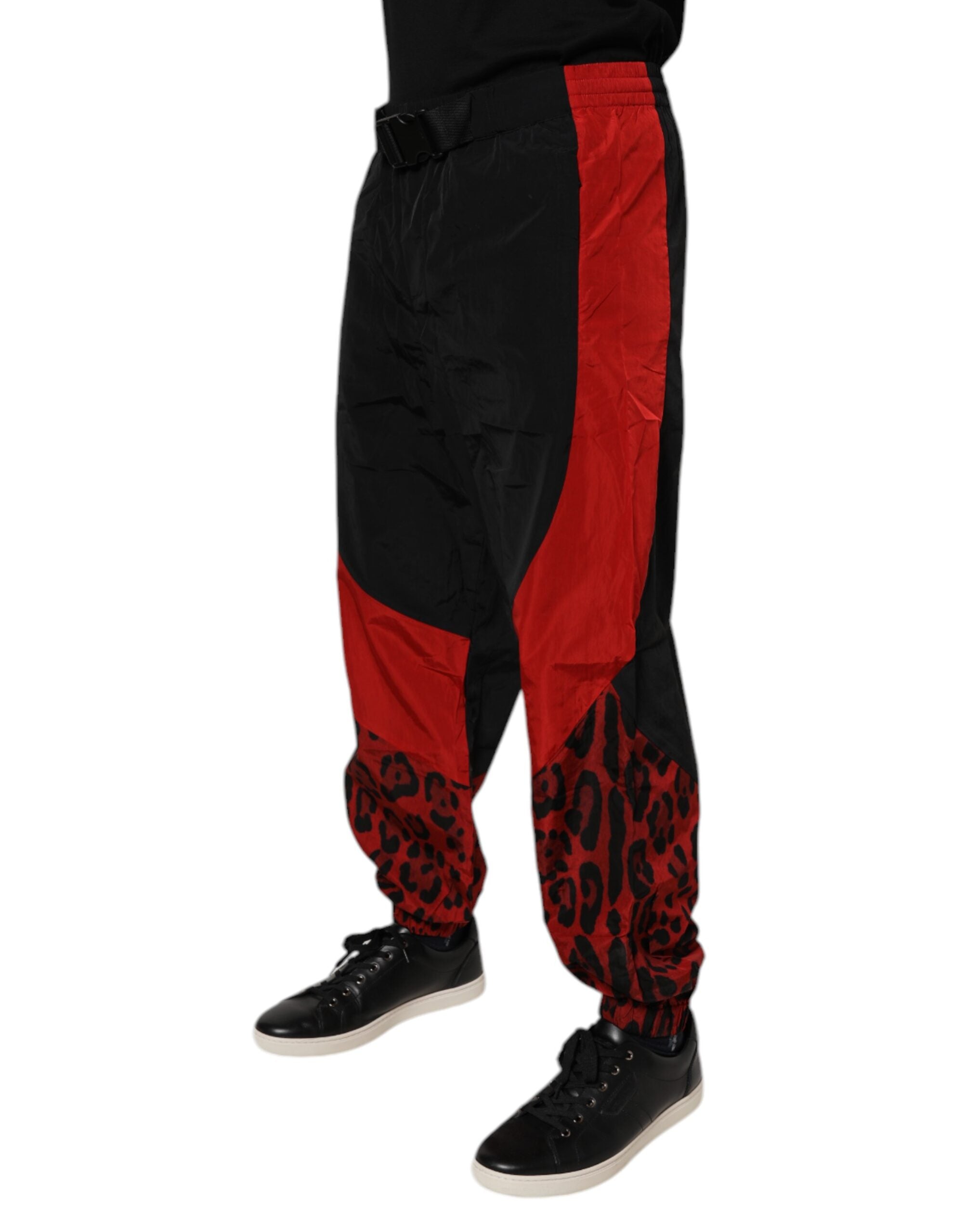 Pantaloni de trening Dolce &amp; Gabbana negri și roșii cu imprimeu leopard