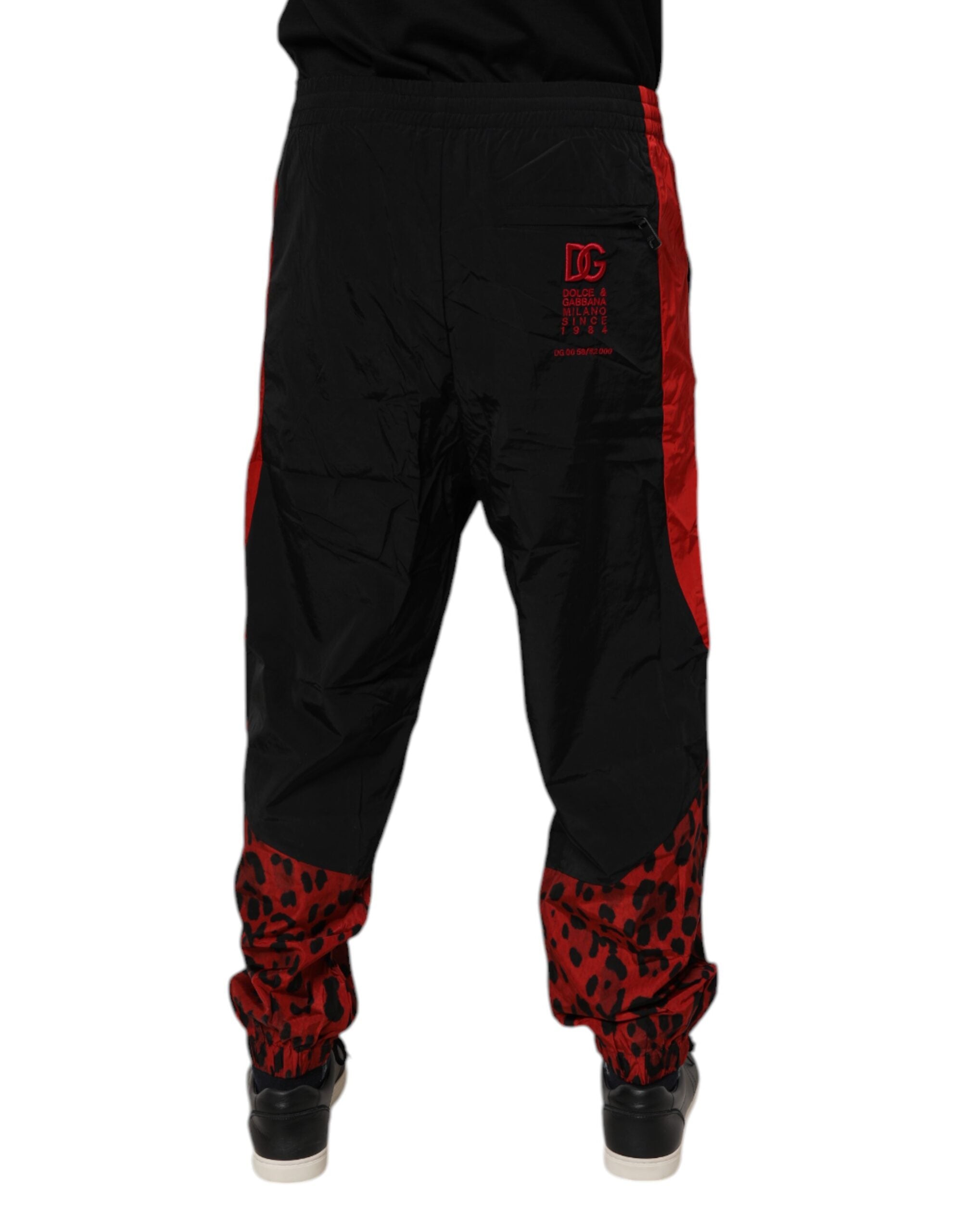 Pantaloni de trening Dolce &amp; Gabbana negri și roșii cu imprimeu leopard
