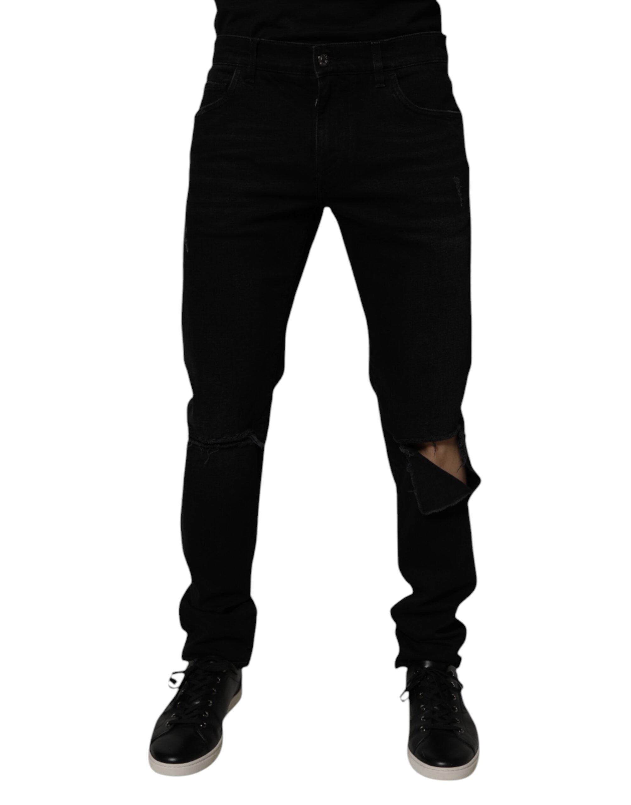 Blugi skinny Dolce &amp; Gabbana negri din bumbac, zdrențuiți, pentru bărbați