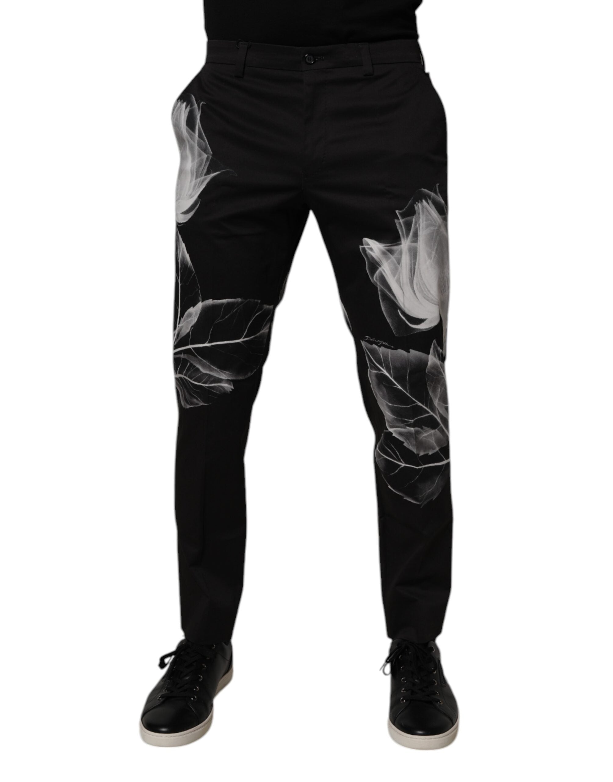 Pantaloni eleganți skinny negri cu imprimeu floral din bumbac Dolce &amp; Gabbana