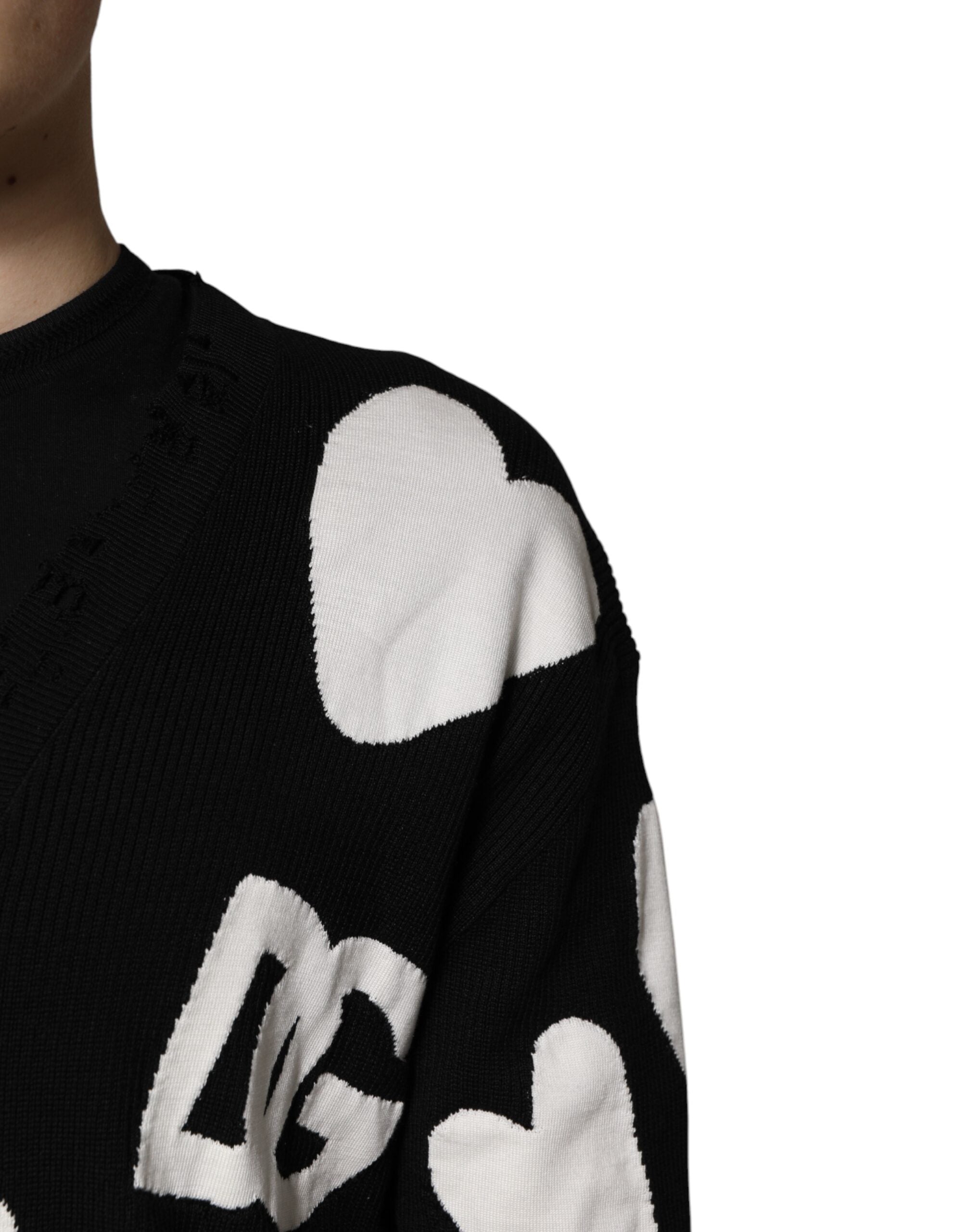 Pulover Dolce &amp; Gabbana Black Hearts din mătase cu guler rotund