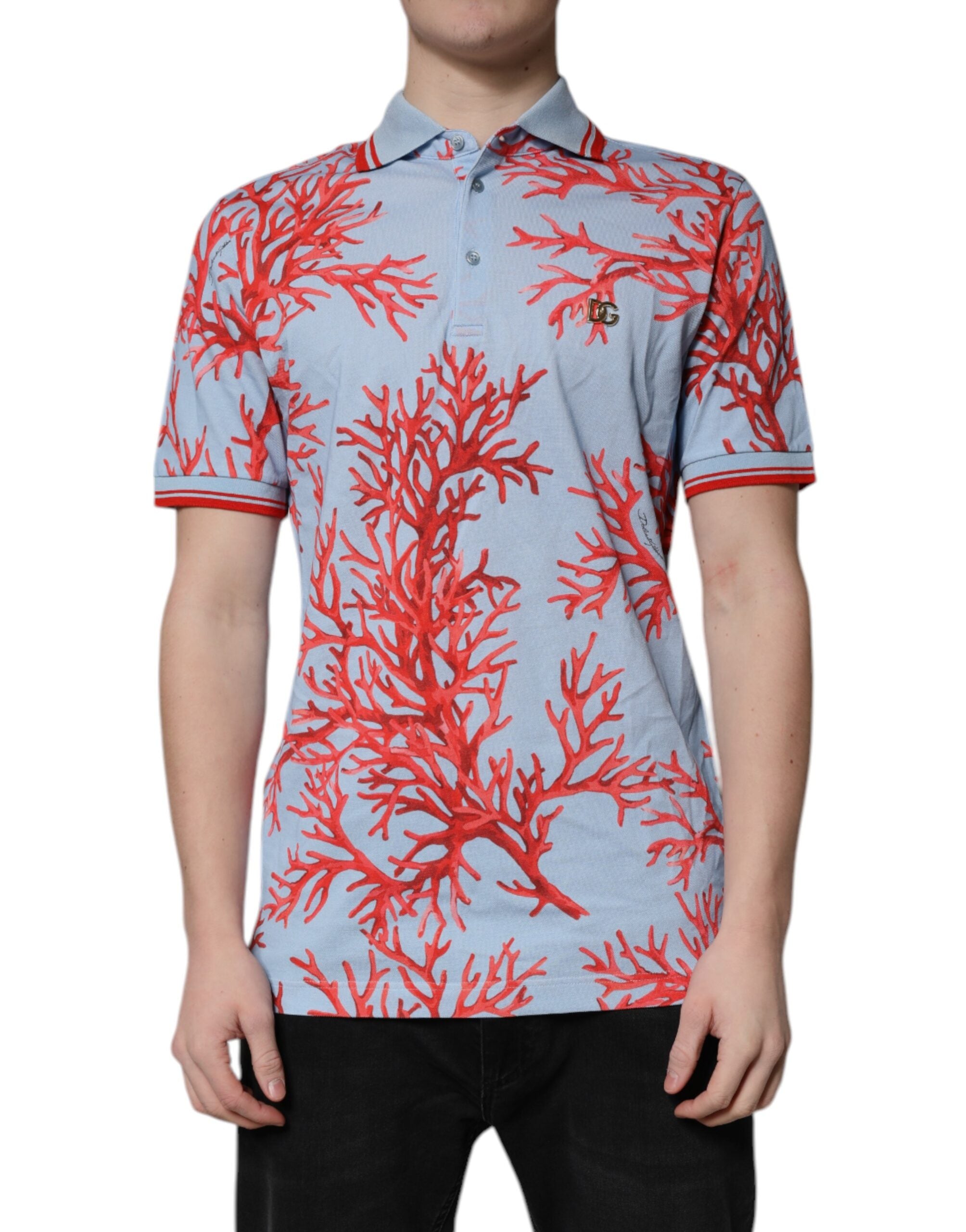 Dolce &amp; Gabbana – Poloshirt aus Baumwolle in Hellblau und Korallenrot