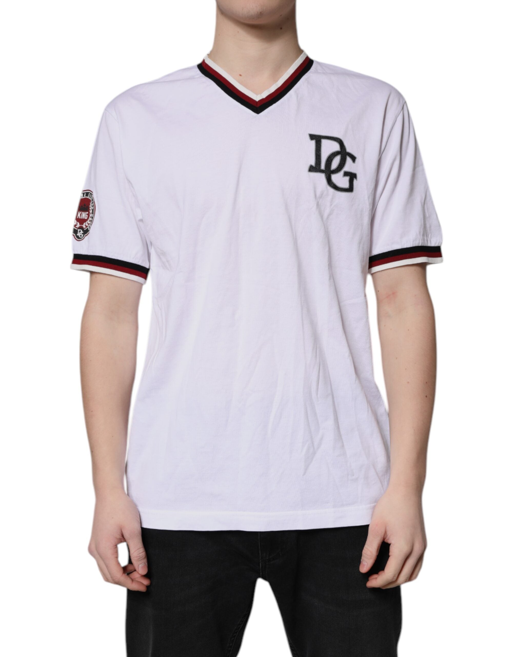 Dolce &amp; Gabbana – Weißes T-Shirt mit V-Ausschnitt und „King Crown“ von #DGMillennials