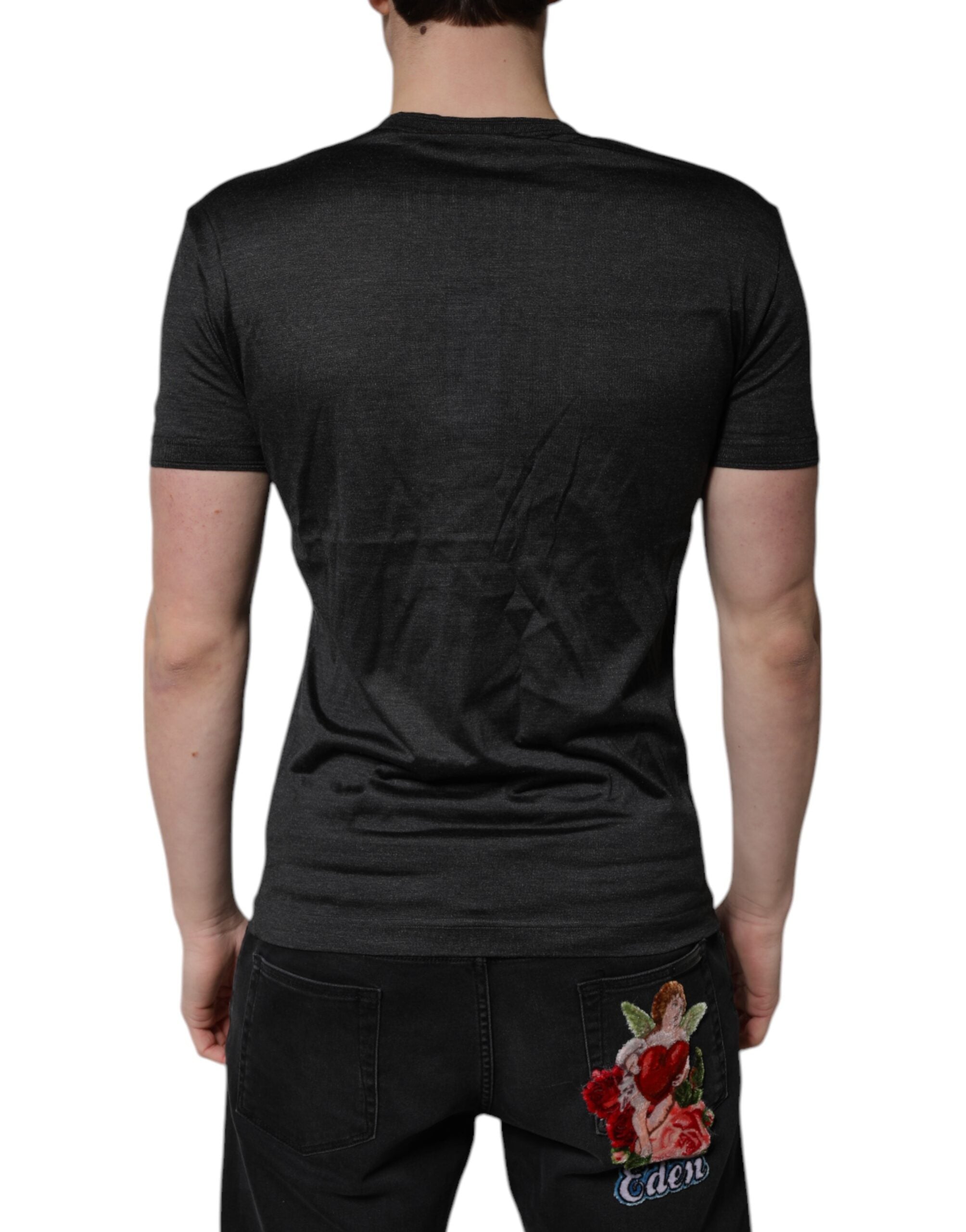 Dolce &amp; Gabbana Dunkelgraues Seiden-T-Shirt mit V-Ausschnitt und kurzen Ärmeln