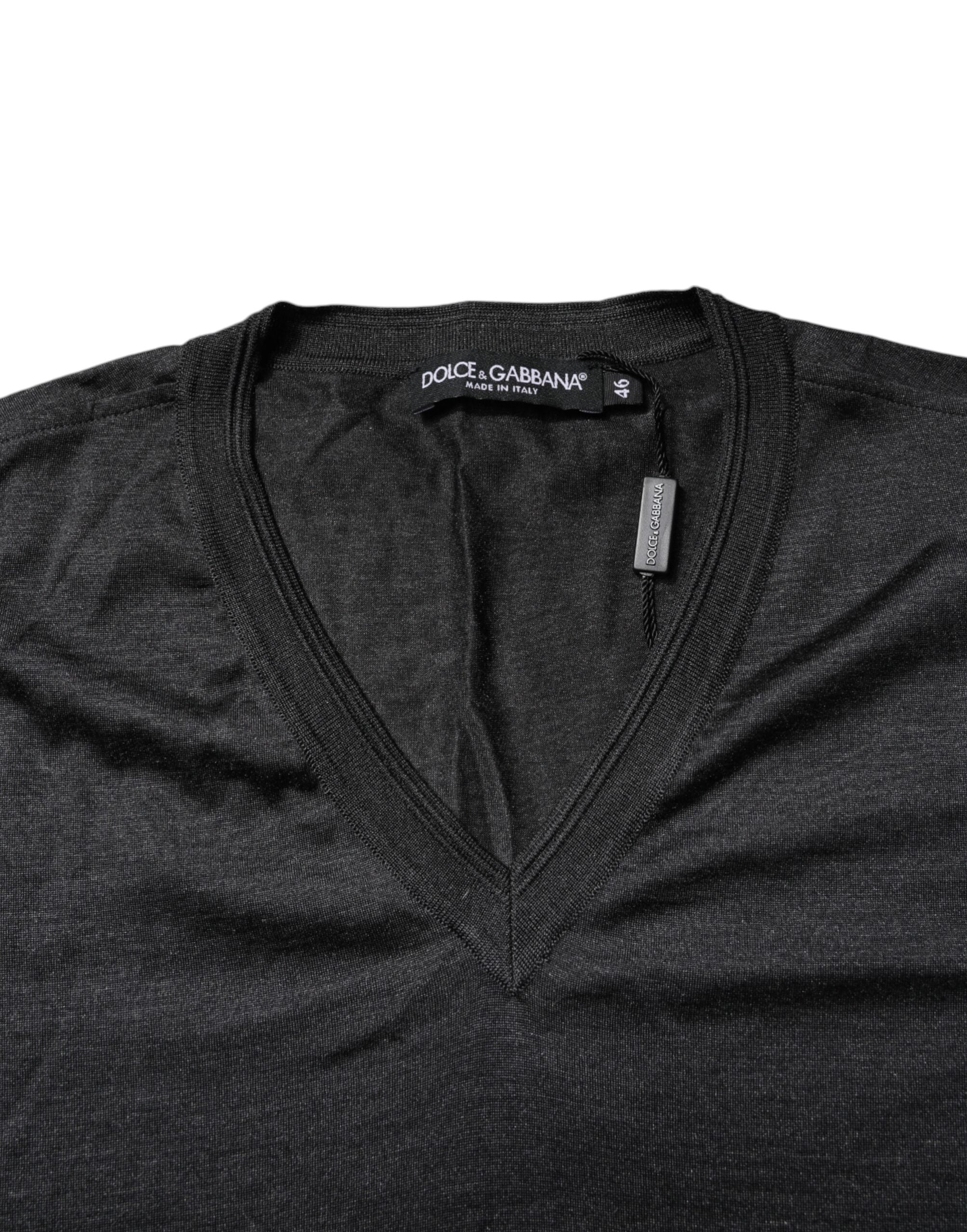 Dolce &amp; Gabbana Dunkelgraues Seiden-T-Shirt mit V-Ausschnitt und kurzen Ärmeln