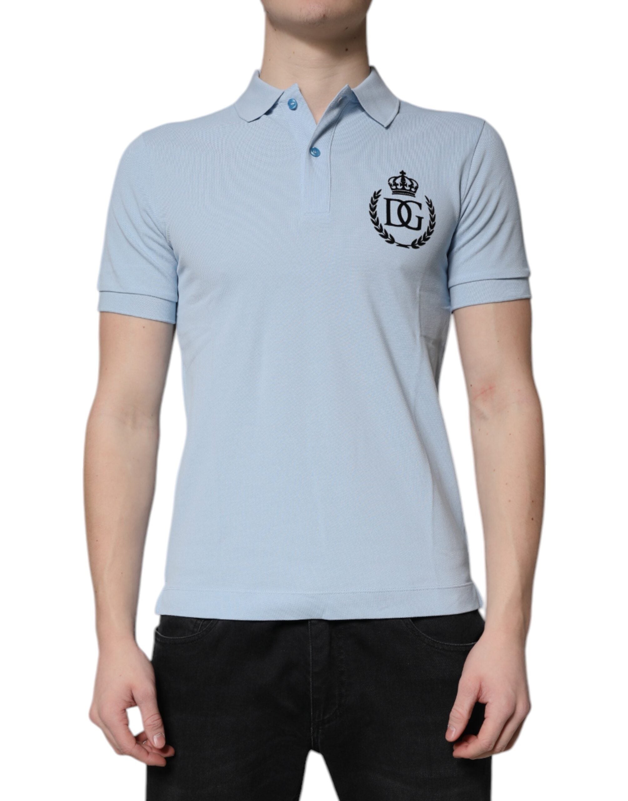 Dolce &amp; Gabbana – Himmelblaues Poloshirt aus Baumwolle mit Kronenkragen